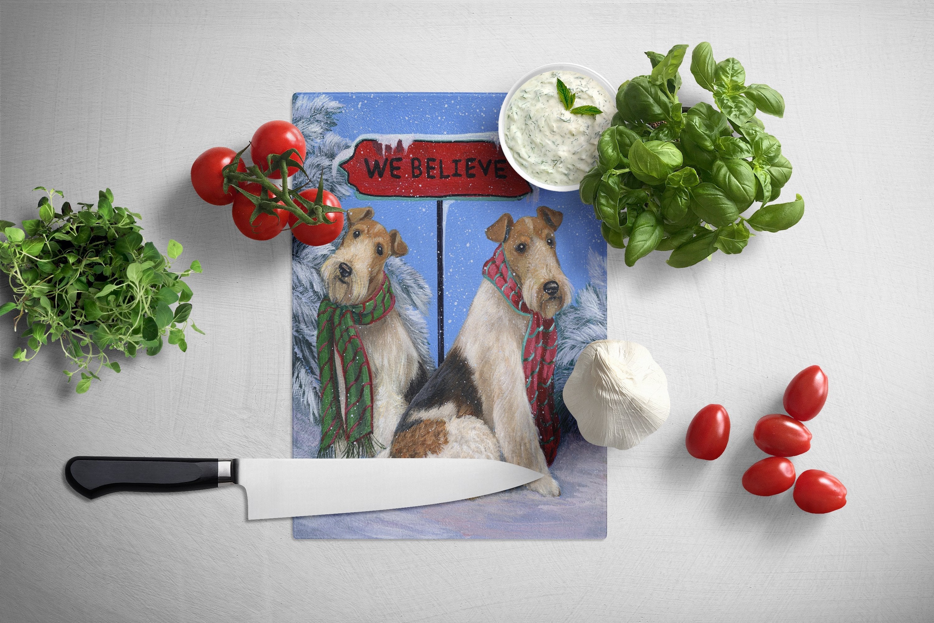 Fox Terrier Christmas We Believe Cutting Board Tempered Glass Kitchen Cutting Surface, Heat Resistant Chopping, Non-Slip Feet, Food Prep & Serving