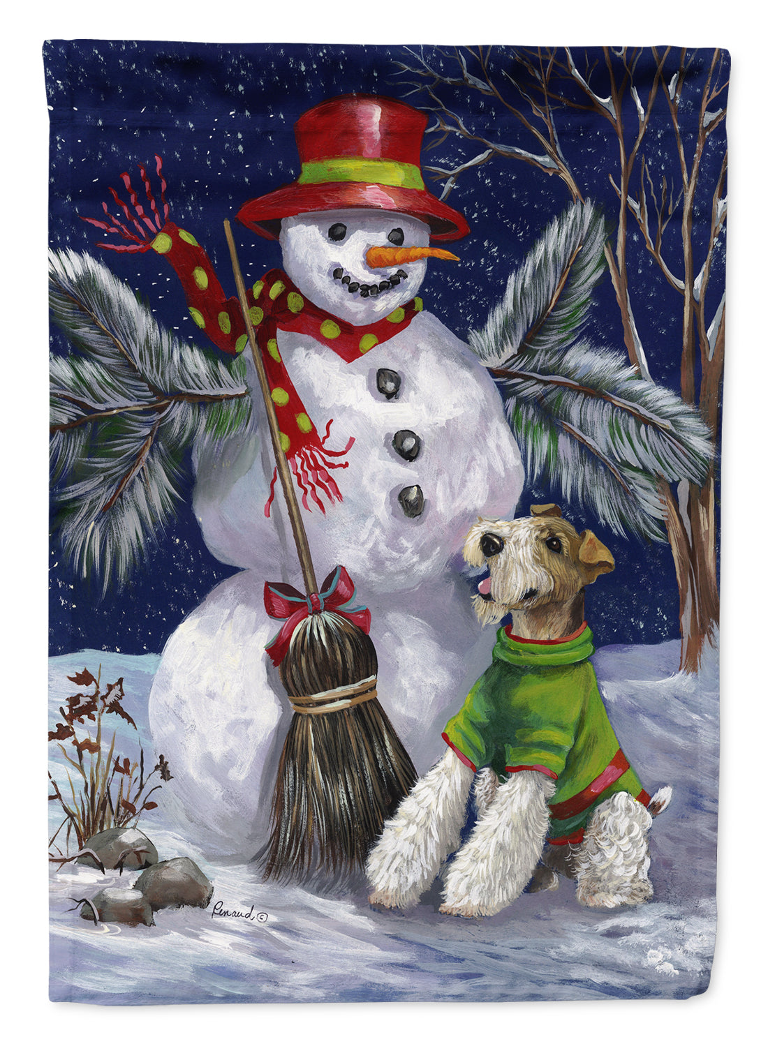 Fox Terrier Christmas Winter Fun House Flag 28x40 Porch Sleeve Pole Decorative Outside Yard Banner Artwork Wall Hanging, Polyester