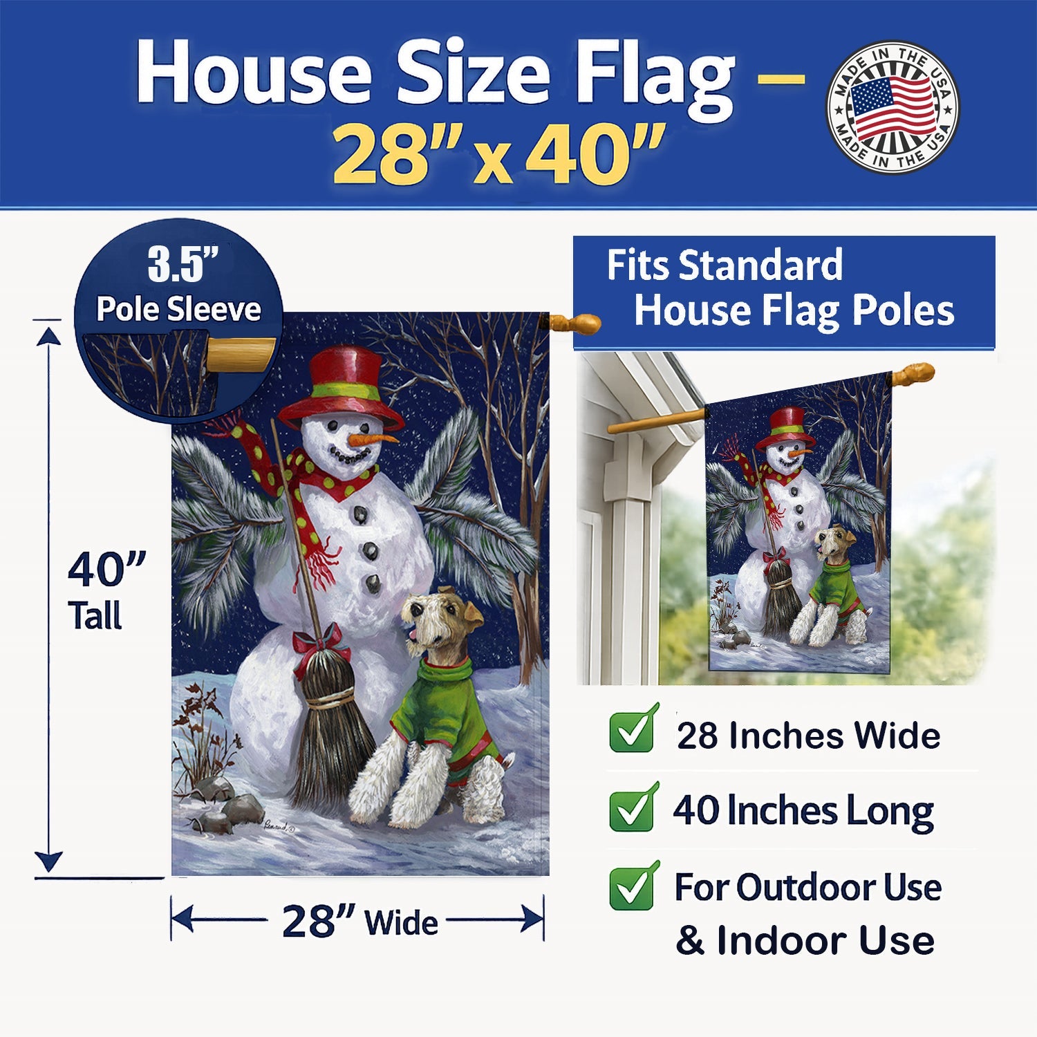 Fox Terrier Christmas Winter Fun House Flag 28x40 Porch Sleeve Pole Decorative Outside Yard Banner Artwork Wall Hanging, Polyester