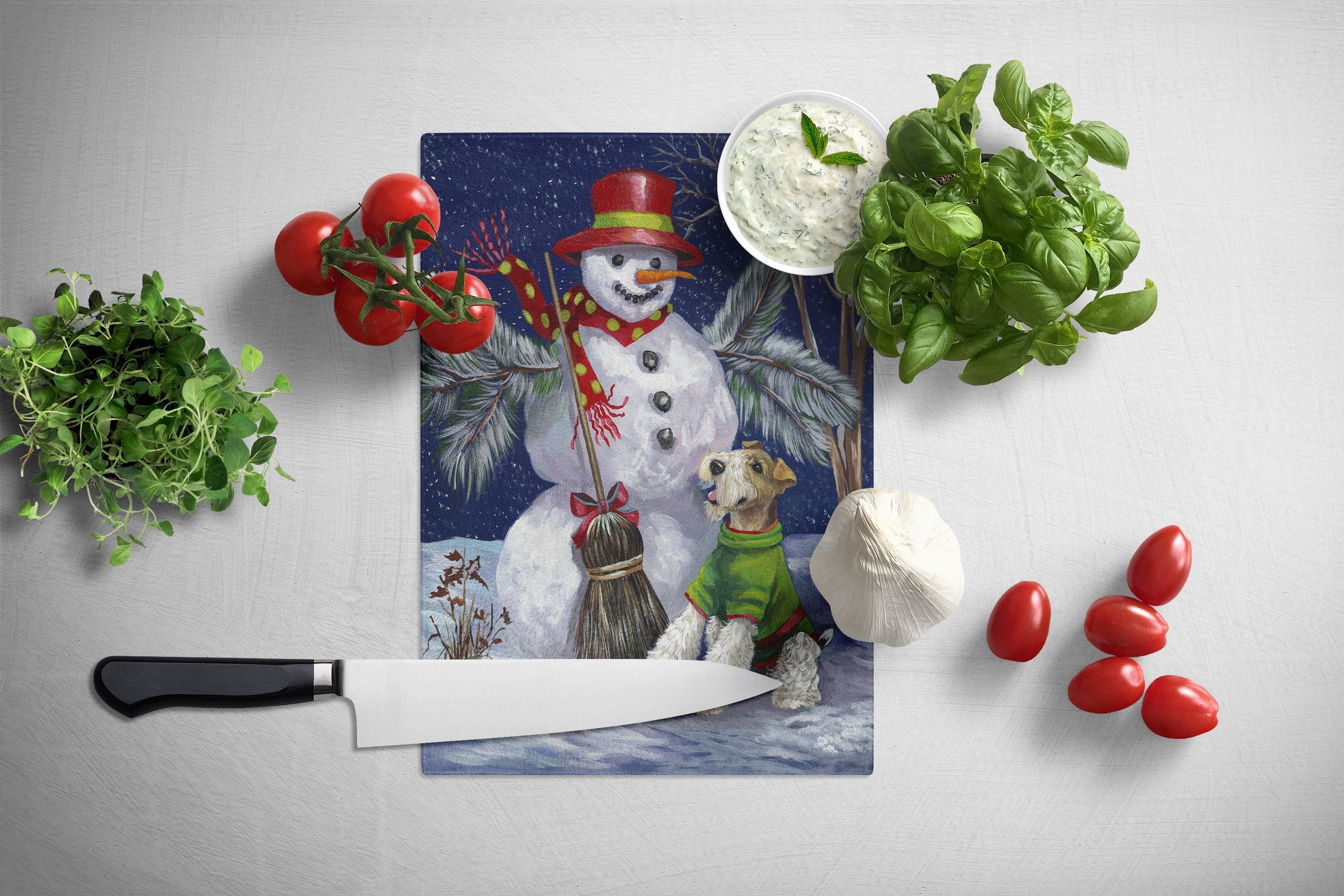 Fox Terrier Christmas Winter Fun Cutting Board Tempered Glass Kitchen Cutting Surface, Heat Resistant Chopping, Non-Slip Feet, Food Prep & Serving