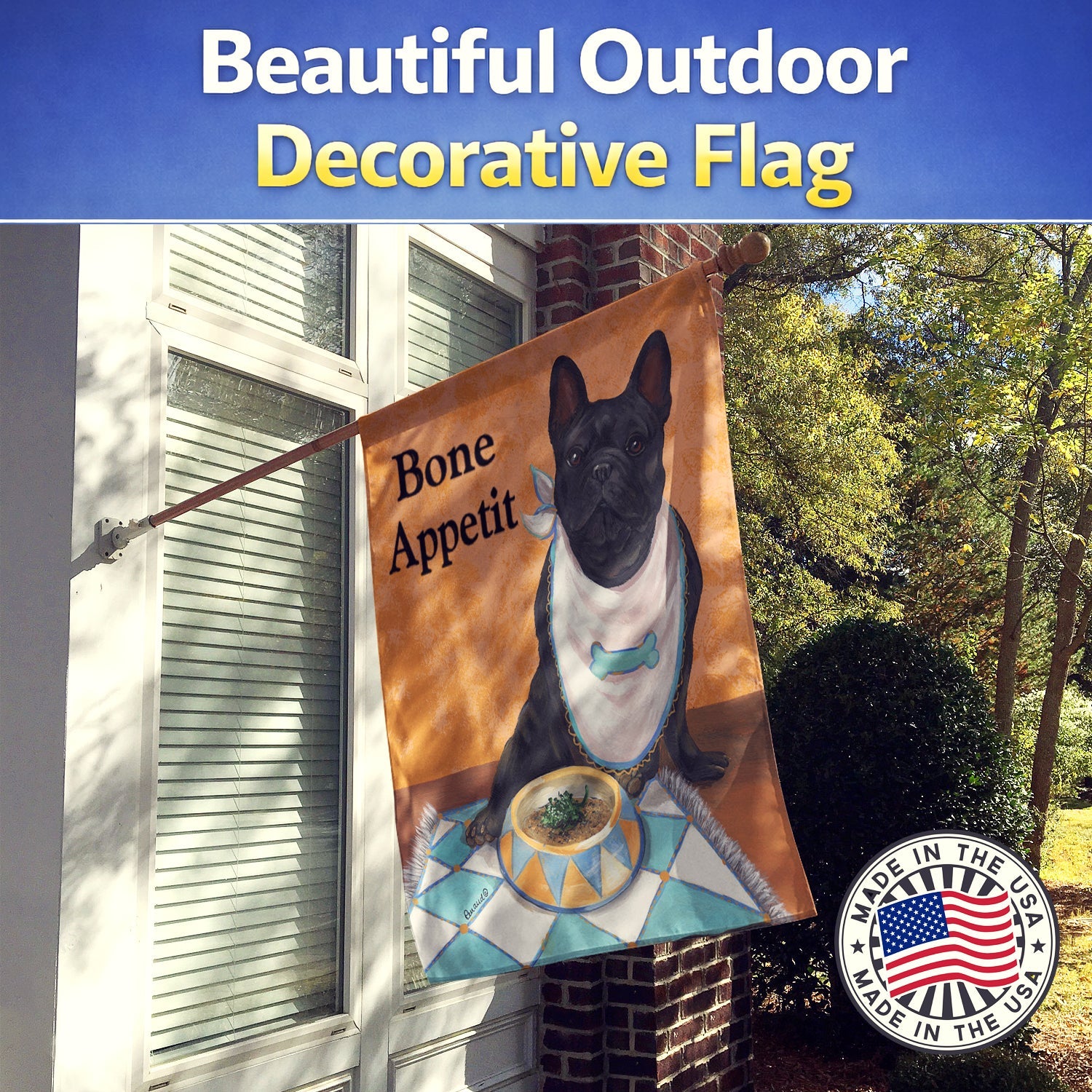 French Bulldog Bone Appetit House Flag 28x40 Porch Sleeve Pole Decorative Outside Yard Banner Artwork Wall Hanging, Polyester