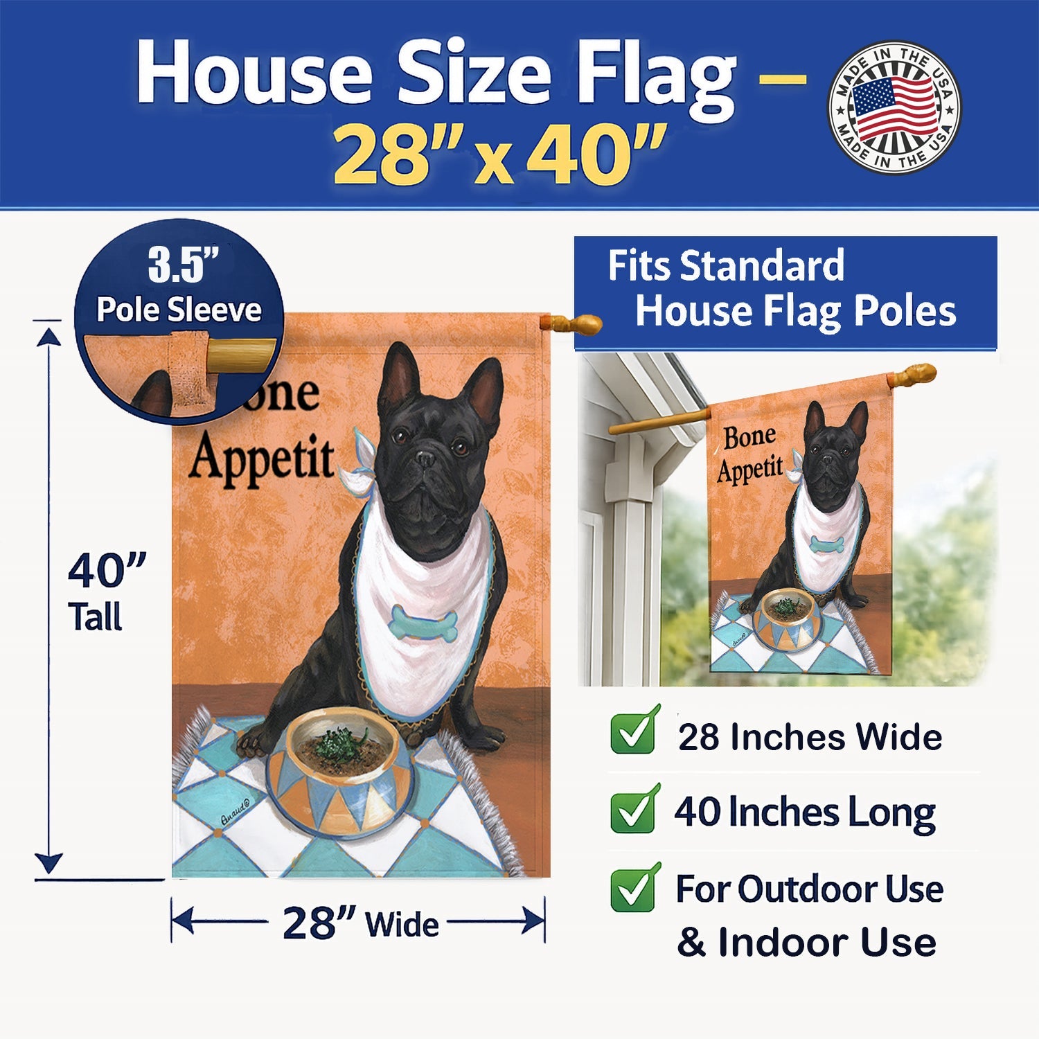 French Bulldog Bone Appetit House Flag 28x40 Porch Sleeve Pole Decorative Outside Yard Banner Artwork Wall Hanging, Polyester