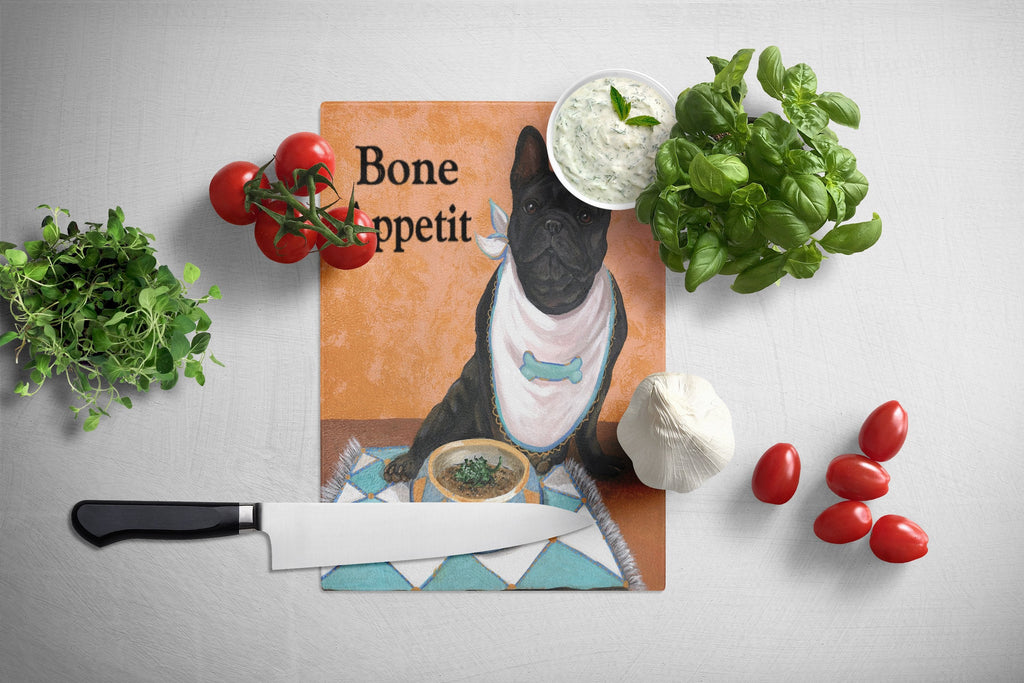 French Bulldog Bone Appetit Cutting Board Tempered Glass Kitchen Cutting Surface, Heat Resistant Chopping, Non-Slip Feet, Food Prep & Serving