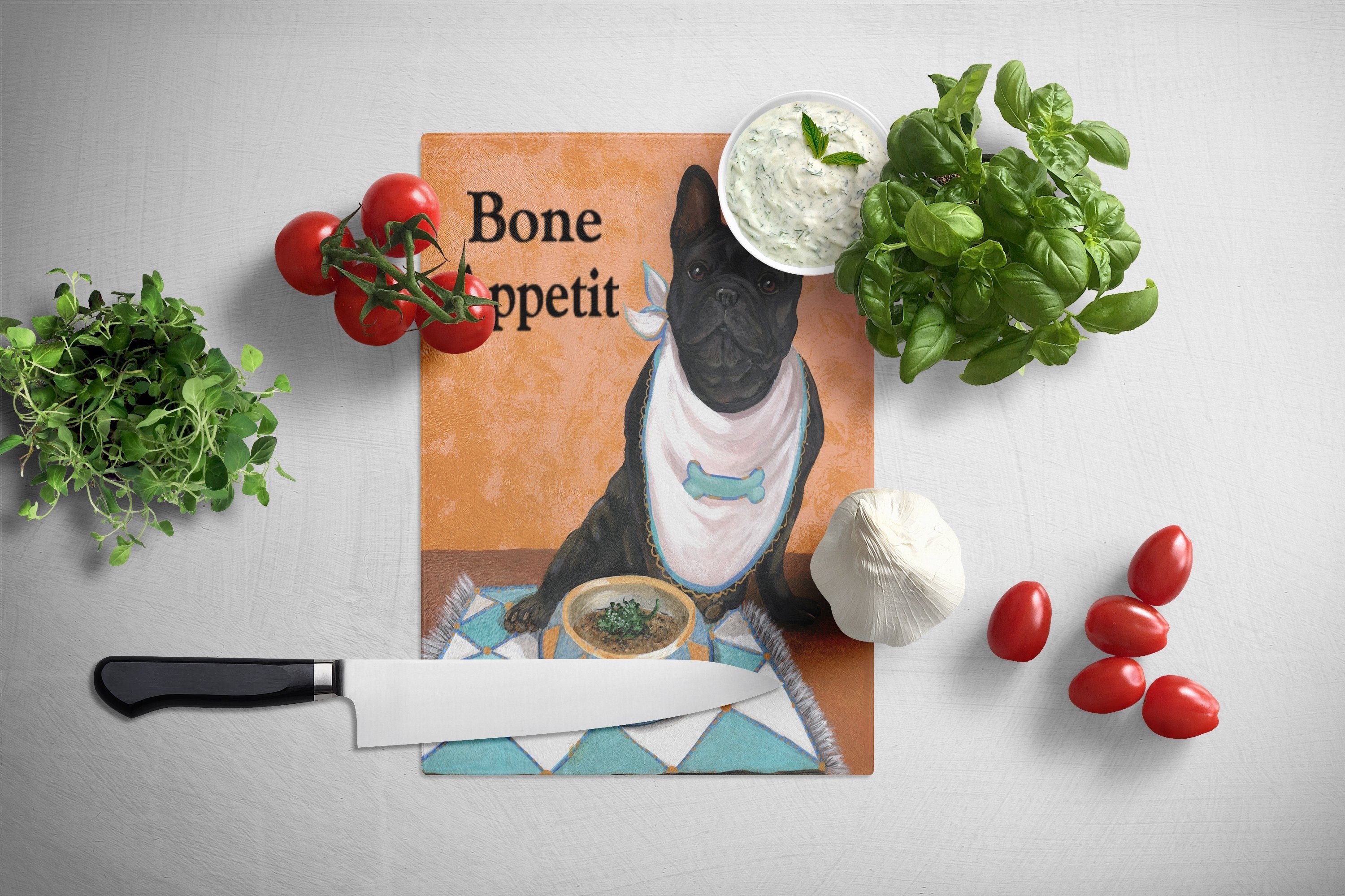 French Bulldog Bone Appetit Cutting Board Tempered Glass Kitchen Cutting Surface, Heat Resistant Chopping, Non-Slip Feet, Food Prep & Serving