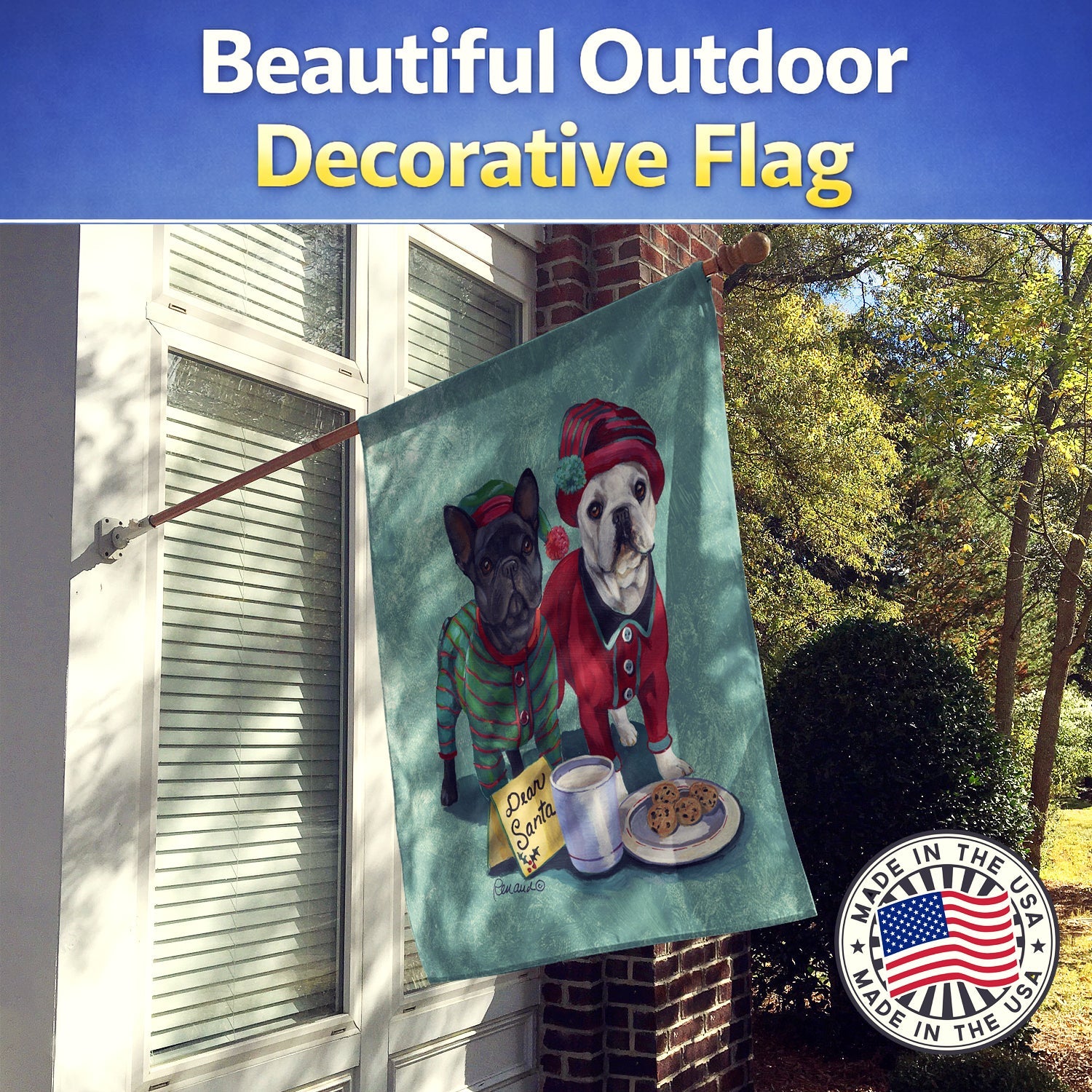French Bulldog Christmas PJs House Flag 28x40 Porch Sleeve Pole Decorative Outside Yard Banner Artwork Wall Hanging, Polyester