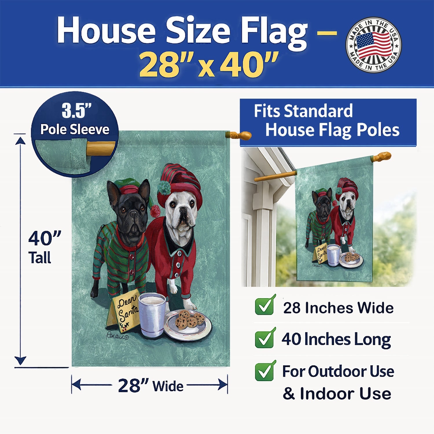 French Bulldog Christmas PJs House Flag 28x40 Porch Sleeve Pole Decorative Outside Yard Banner Artwork Wall Hanging, Polyester