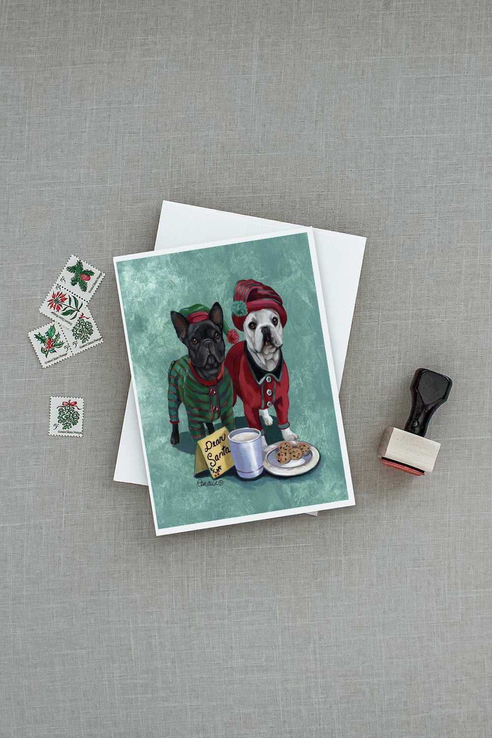 French Bulldog Christmas PJs Greeting Cards Pack of 8 Blank Cards with Envelopes Whimsical A7 Size 5x7