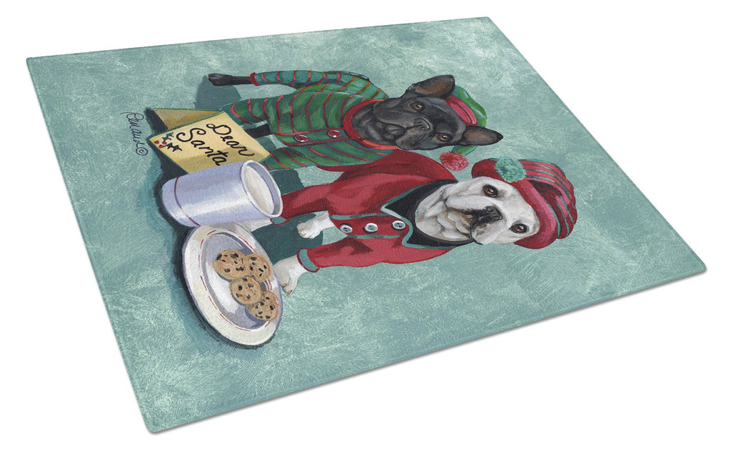 French Bulldog Christmas PJs Cutting Board Tempered Glass Kitchen Cutting Surface, Heat Resistant Chopping, Non-Slip Feet, Food Prep & Serving