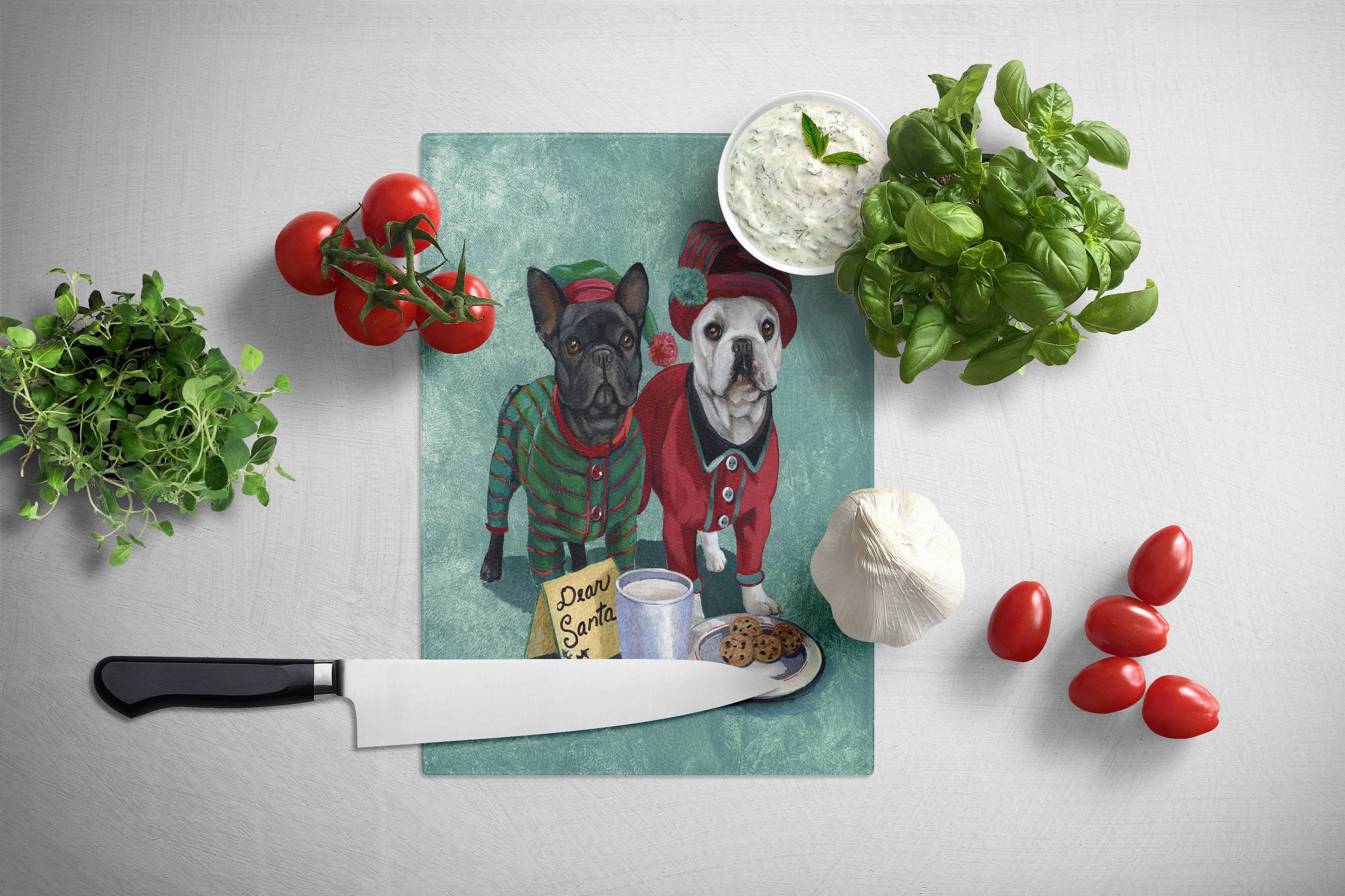 French Bulldog Christmas PJs Cutting Board Tempered Glass Kitchen Cutting Surface, Heat Resistant Chopping, Non-Slip Feet, Food Prep & Serving
