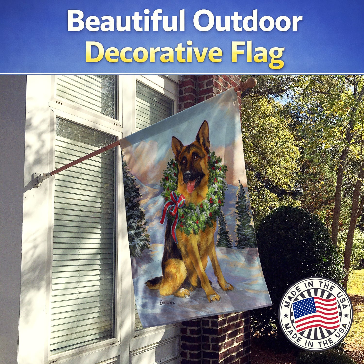 German Shepherd Christmas Honor House Flag 28x40 Porch Sleeve Pole Decorative Outside Yard Banner Artwork Wall Hanging, Polyester