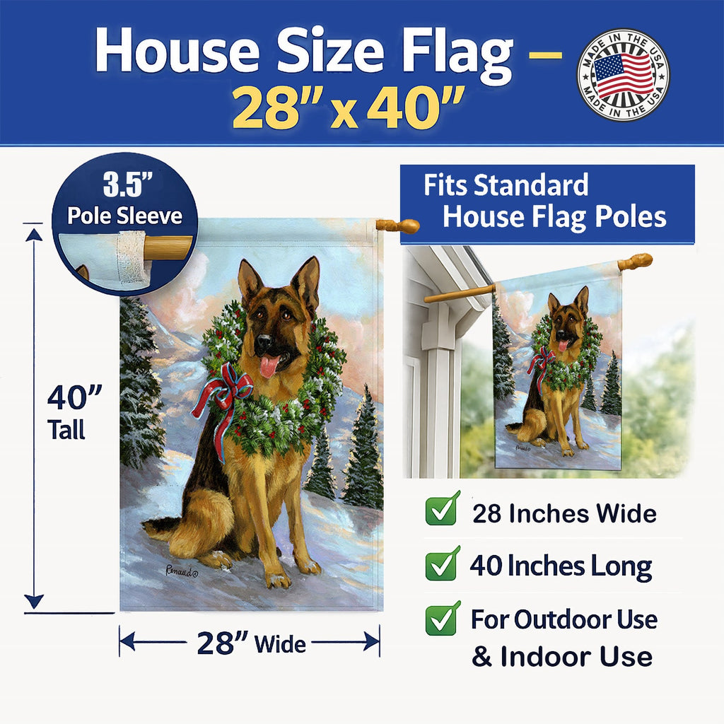 German Shepherd Christmas Honor House Flag 28x40 Porch Sleeve Pole Decorative Outside Yard Banner Artwork Wall Hanging, Polyester