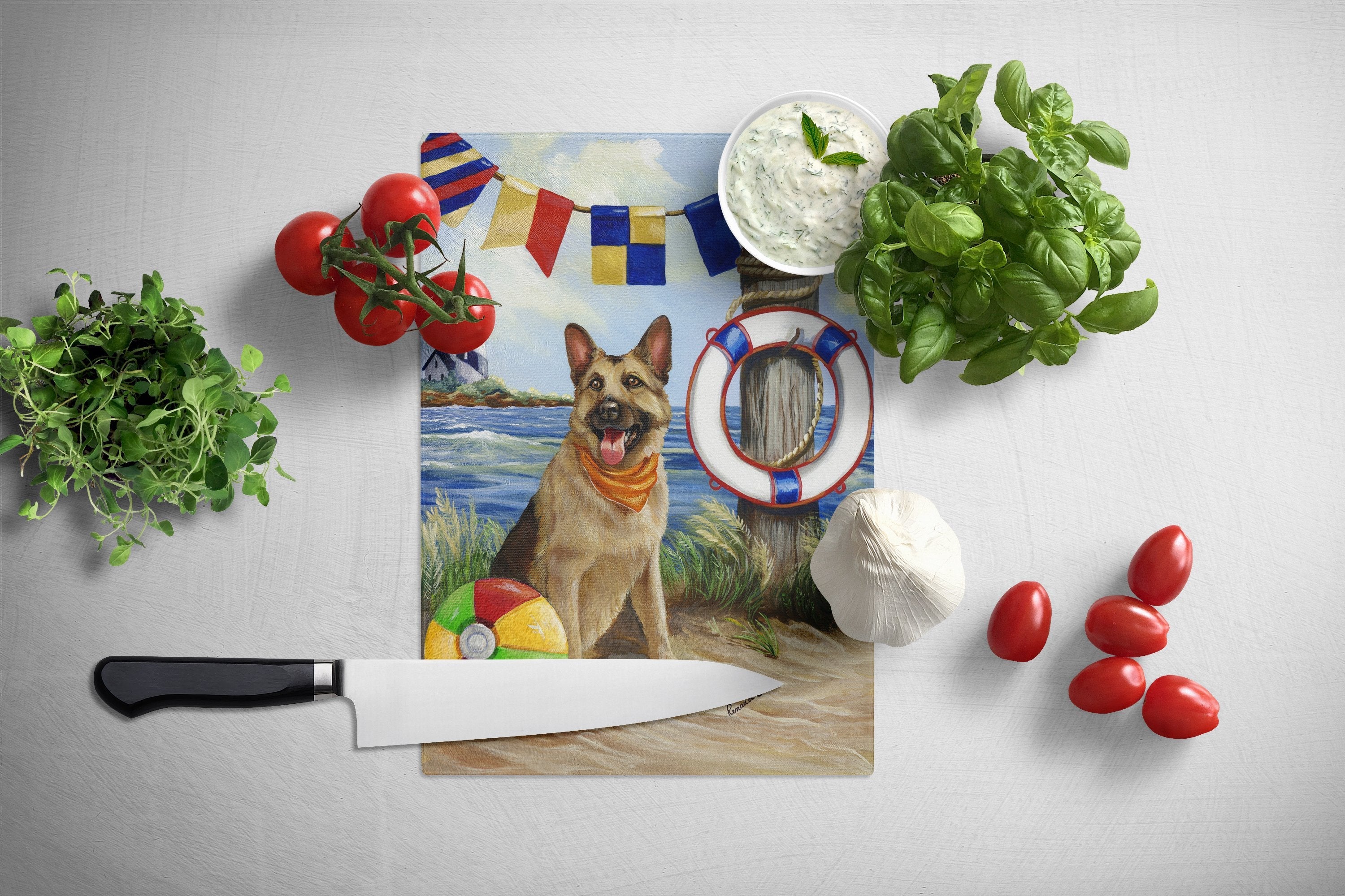 German Shepherd Life Saver Cutting Board Tempered Glass Kitchen Cutting Surface, Heat Resistant Chopping, Non-Slip Feet, Food Prep & Serving