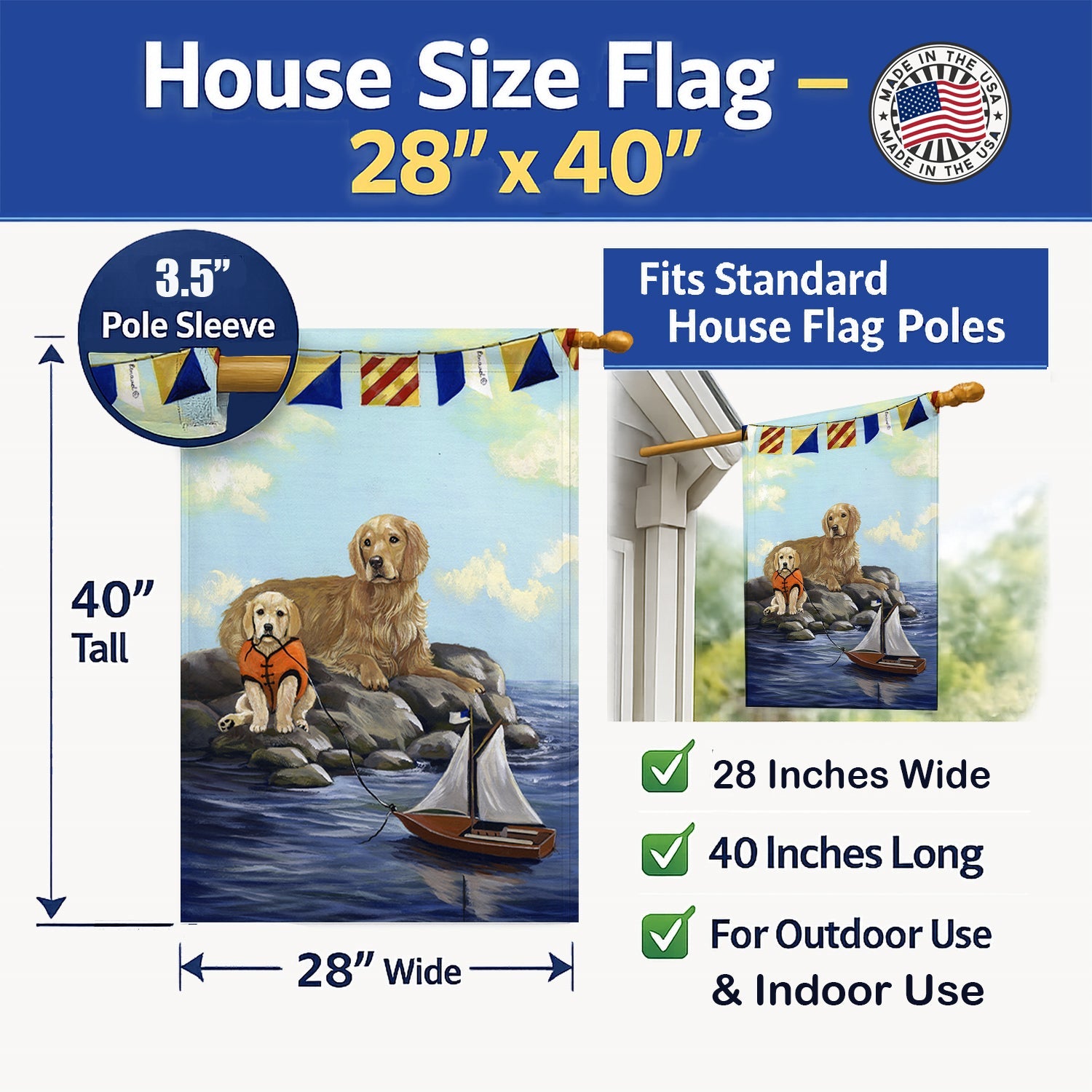 Golden Retriever Retreat House Flag 28x40 Porch Sleeve Pole Decorative Outside Yard Banner Artwork Wall Hanging, Polyester