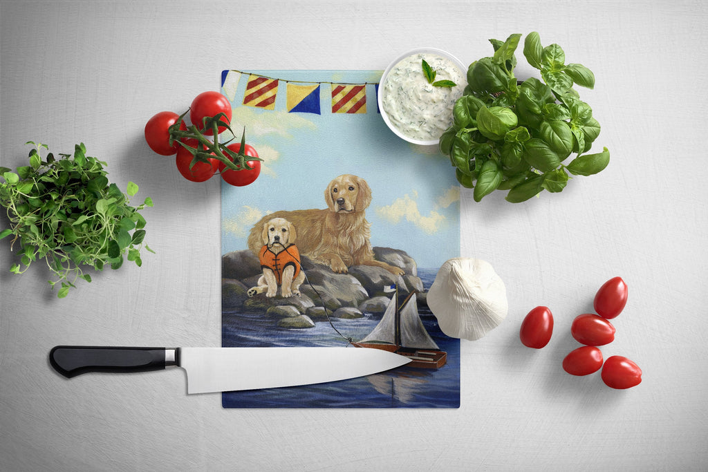 Golden Retriever Retreat Cutting Board Tempered Glass Kitchen Cutting Surface, Heat Resistant Chopping, Non-Slip Feet, Food Prep & Serving