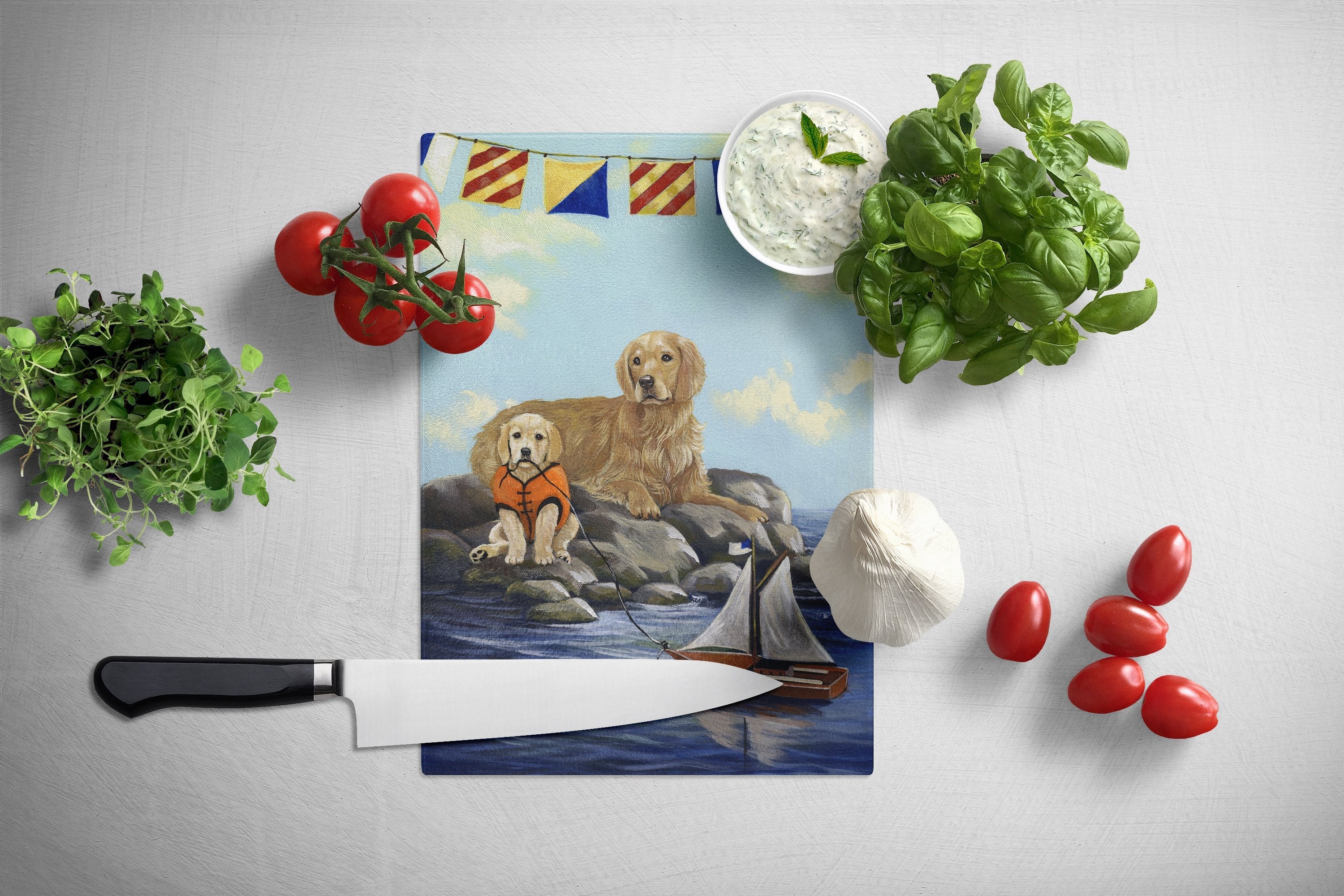 Golden Retriever Retreat Cutting Board Tempered Glass Kitchen Cutting Surface, Heat Resistant Chopping, Non-Slip Feet, Food Prep & Serving