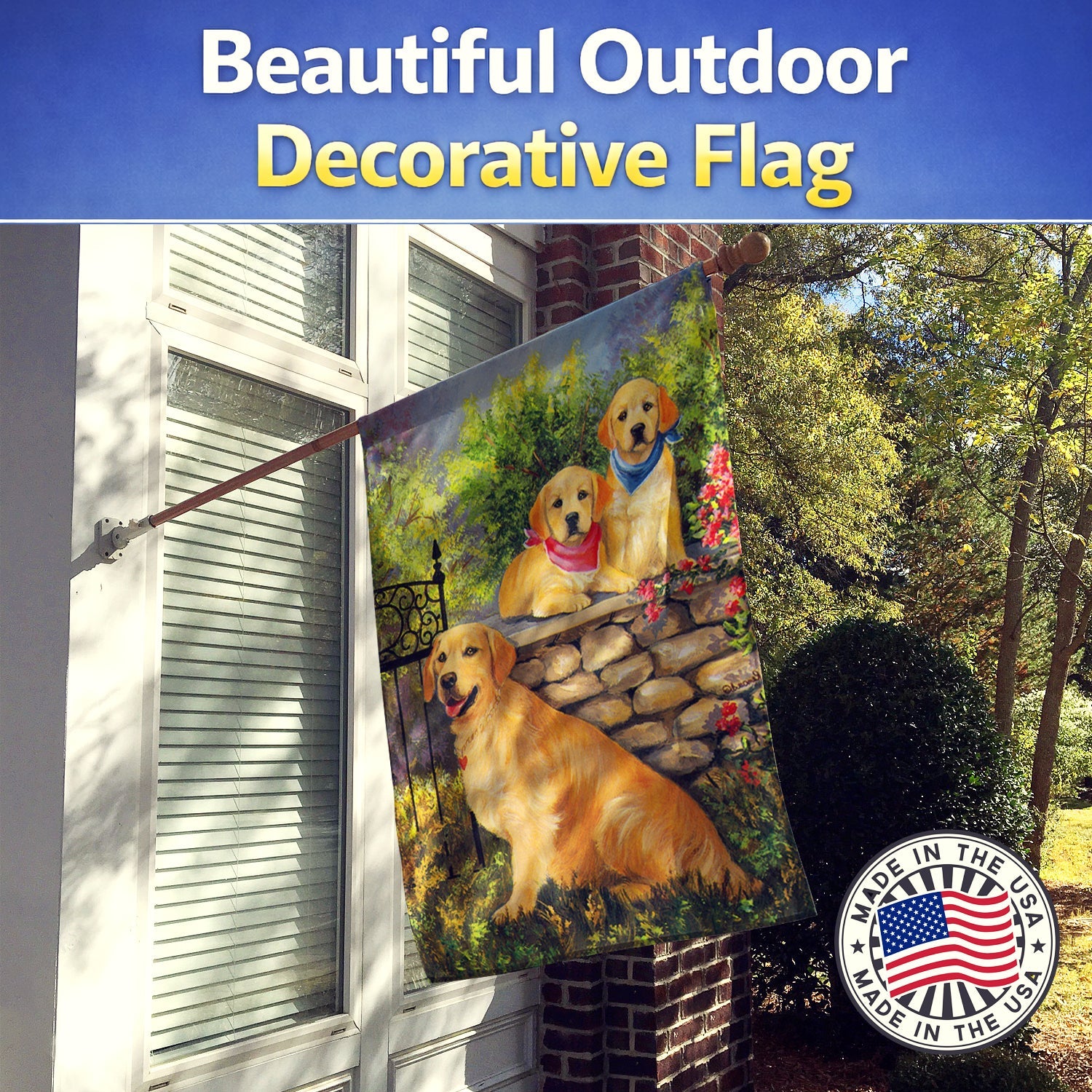 Golden Retriever At the Gate House Flag 28x40 Porch Sleeve Pole Decorative Outside Yard Banner Artwork Wall Hanging, Polyester