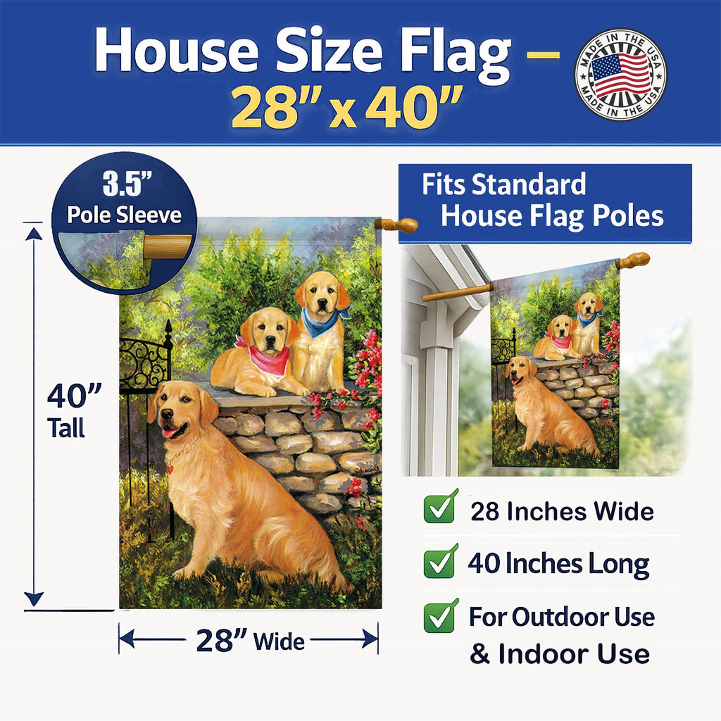 Golden Retriever At the Gate House Flag 28x40 Porch Sleeve Pole Decorative Outside Yard Banner Artwork Wall Hanging, Polyester