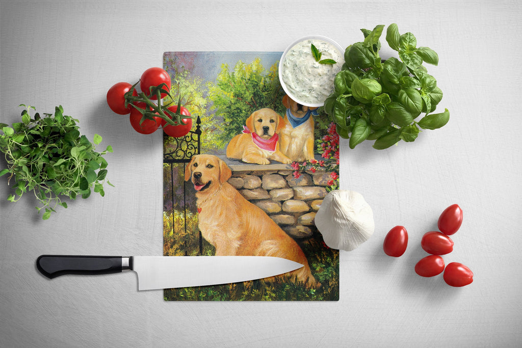 Golden Retriever At the Gate Cutting Board Tempered Glass Kitchen Cutting Surface, Heat Resistant Chopping, Non-Slip Feet, Food Prep & Serving