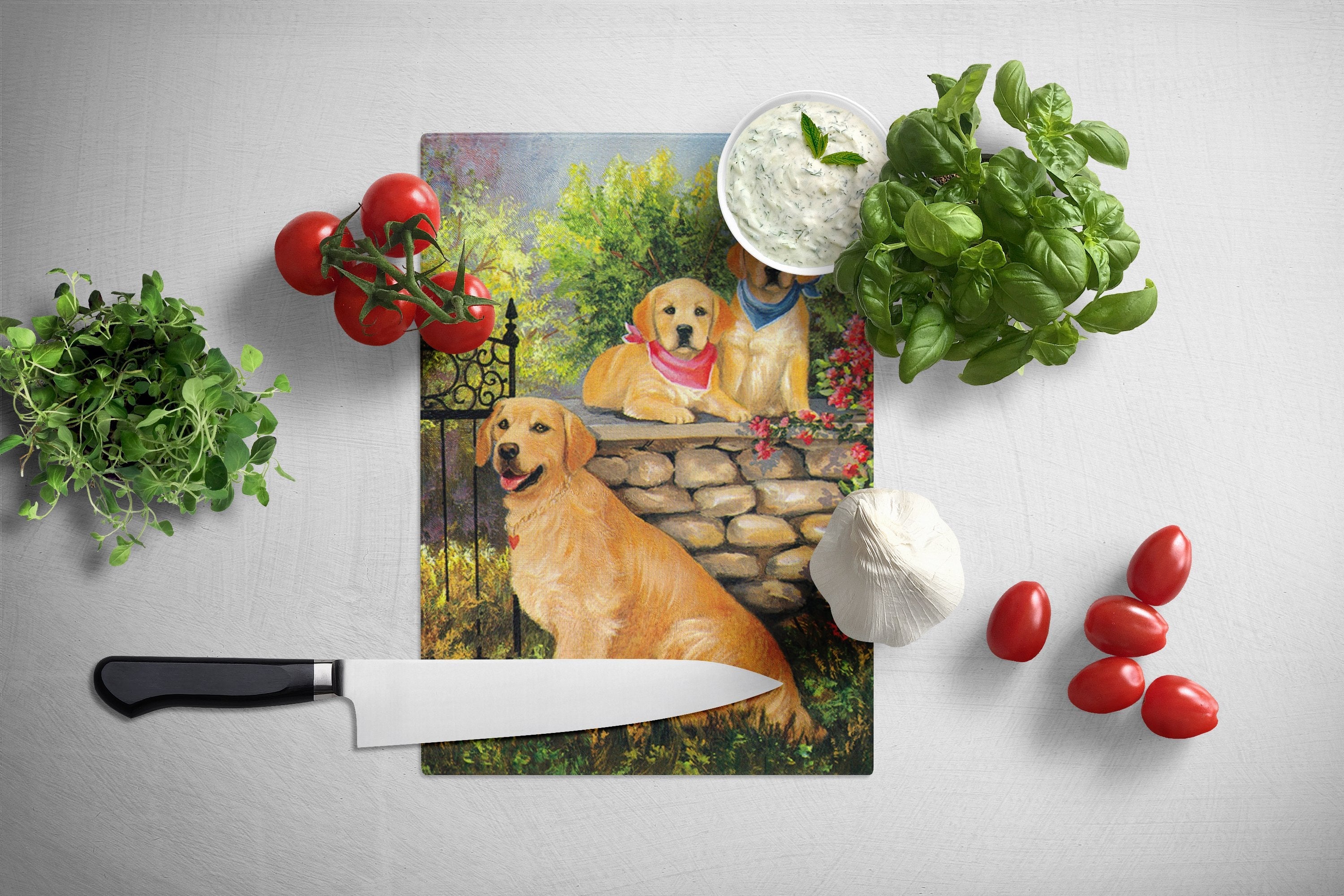 Golden Retriever At the Gate Cutting Board Tempered Glass Kitchen Cutting Surface, Heat Resistant Chopping, Non-Slip Feet, Food Prep & Serving