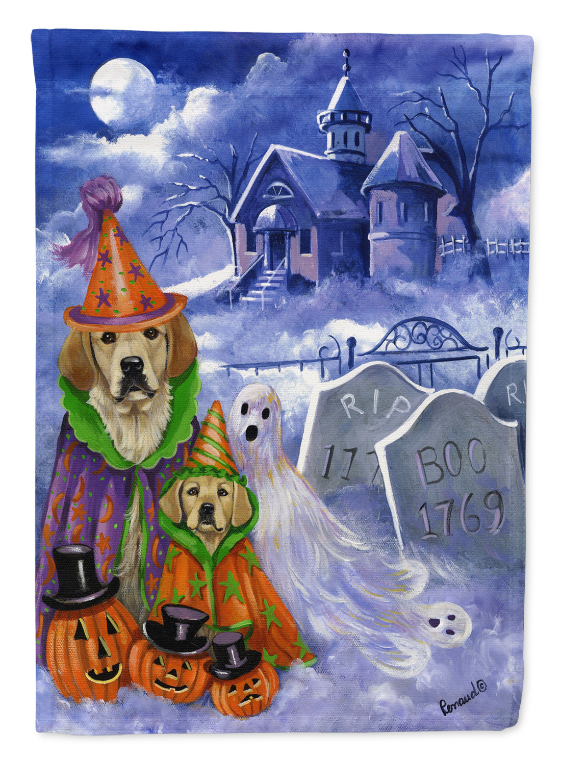 Golden Retriever Halloween House Flag 28x40 Porch Sleeve Pole Decorative Outside Yard Banner Artwork Wall Hanging, Polyester