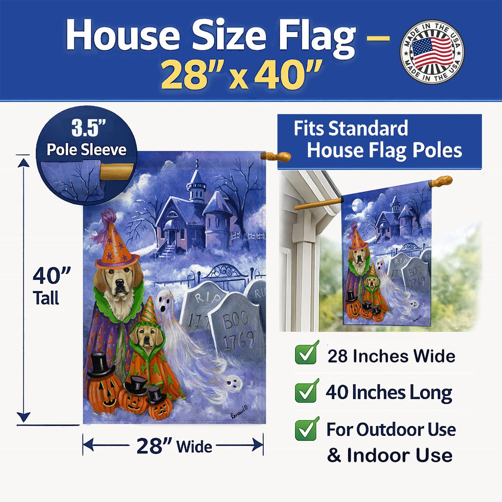 Golden Retriever Halloween House Flag 28x40 Porch Sleeve Pole Decorative Outside Yard Banner Artwork Wall Hanging, Polyester