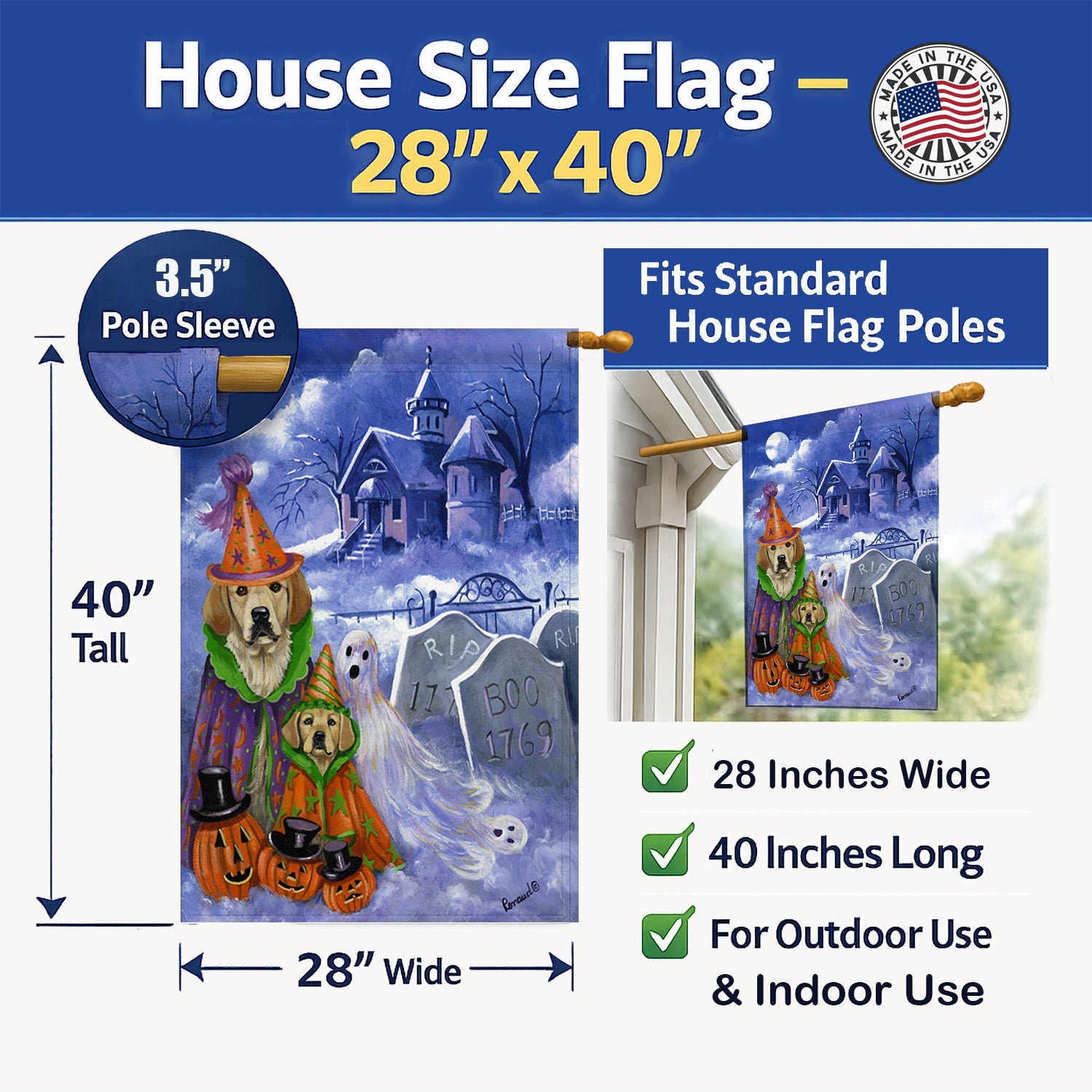 Golden Retriever Halloween House Flag 28x40 Porch Sleeve Pole Decorative Outside Yard Banner Artwork Wall Hanging, Polyester