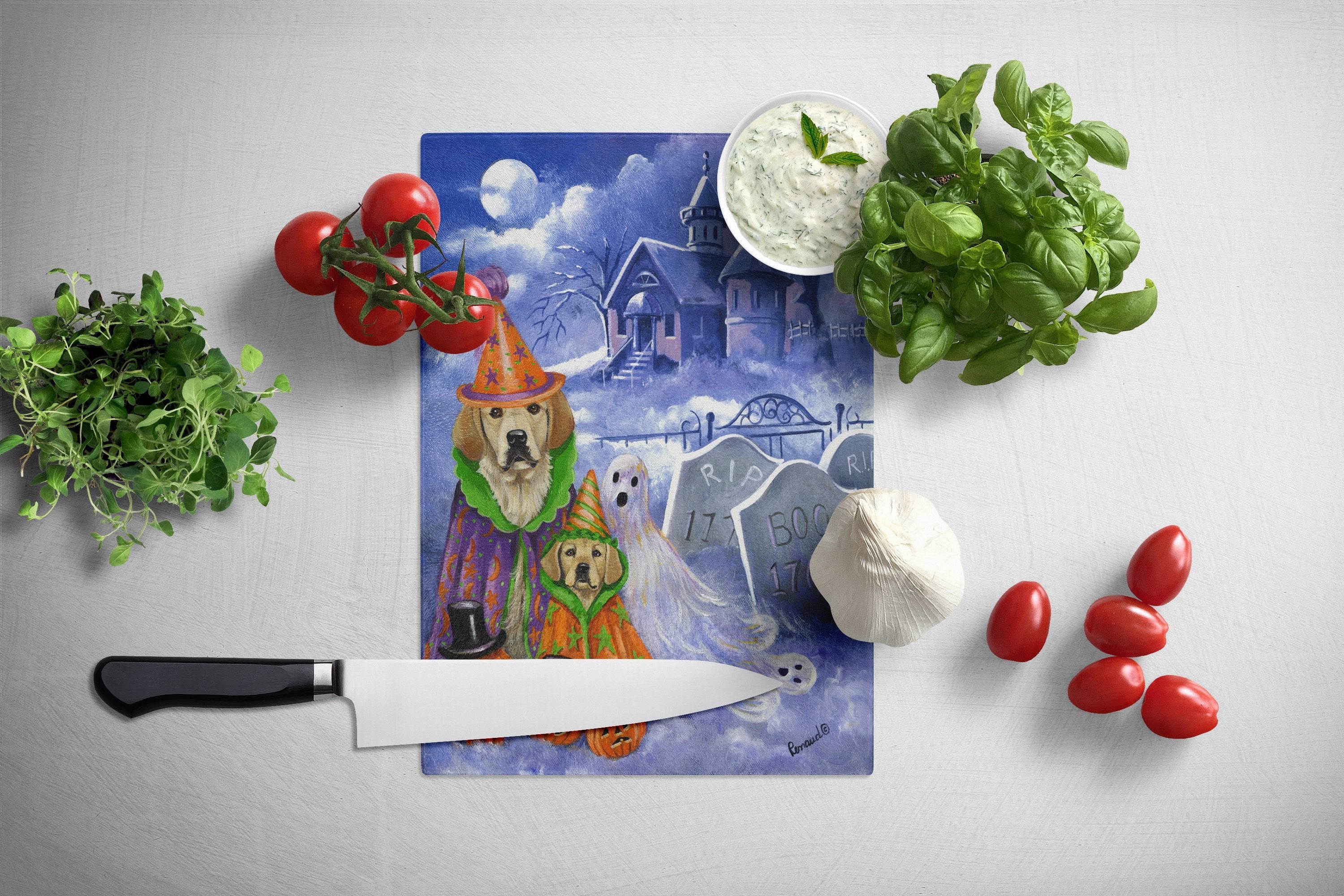 Golden Retriever Halloween Cutting Board Tempered Glass Kitchen Cutting Surface, Heat Resistant Chopping, Non-Slip Feet, Food Prep & Serving