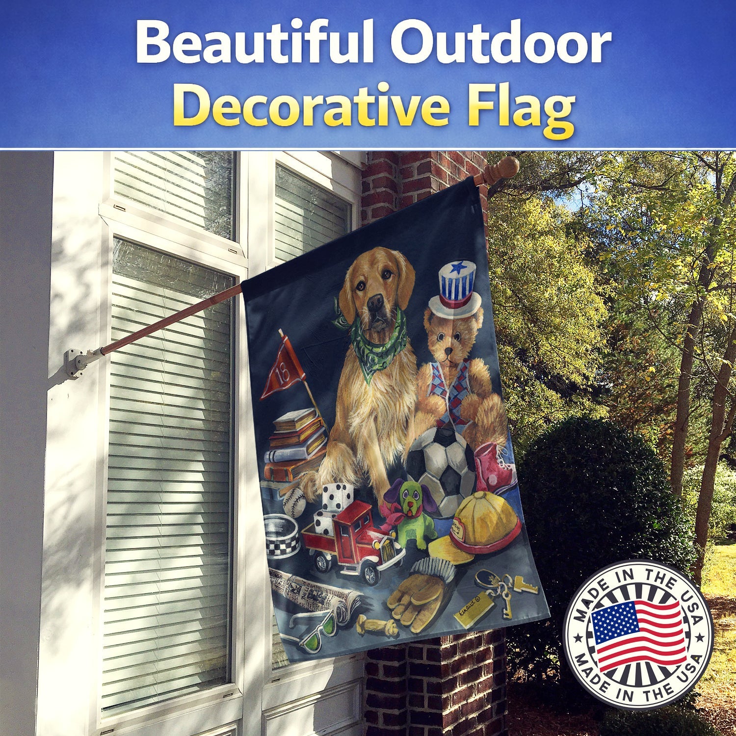 Golden Retriever Toys House Flag 28x40 Porch Sleeve Pole Decorative Outside Yard Banner Artwork Wall Hanging, Polyester