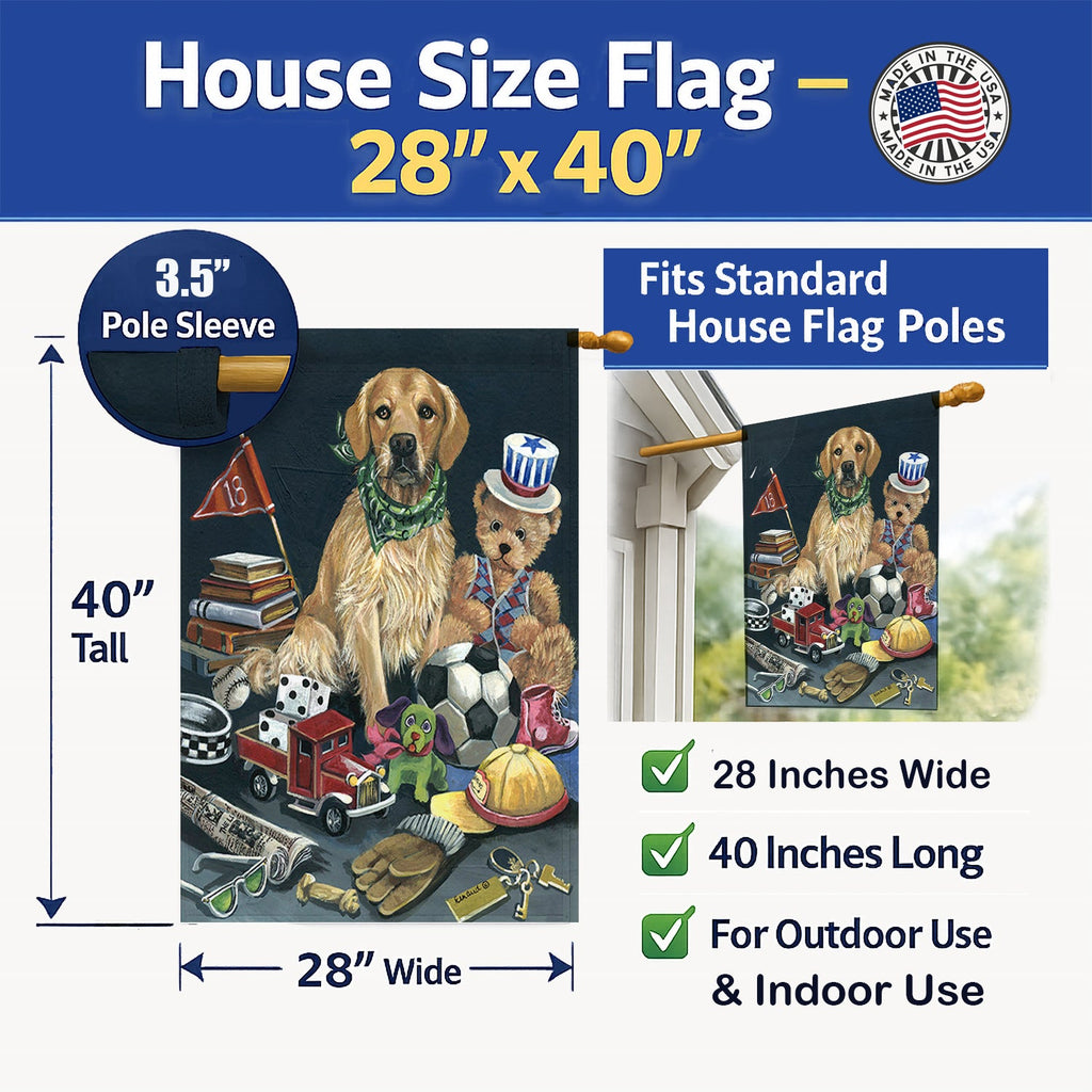 Golden Retriever Toys House Flag 28x40 Porch Sleeve Pole Decorative Outside Yard Banner Artwork Wall Hanging, Polyester