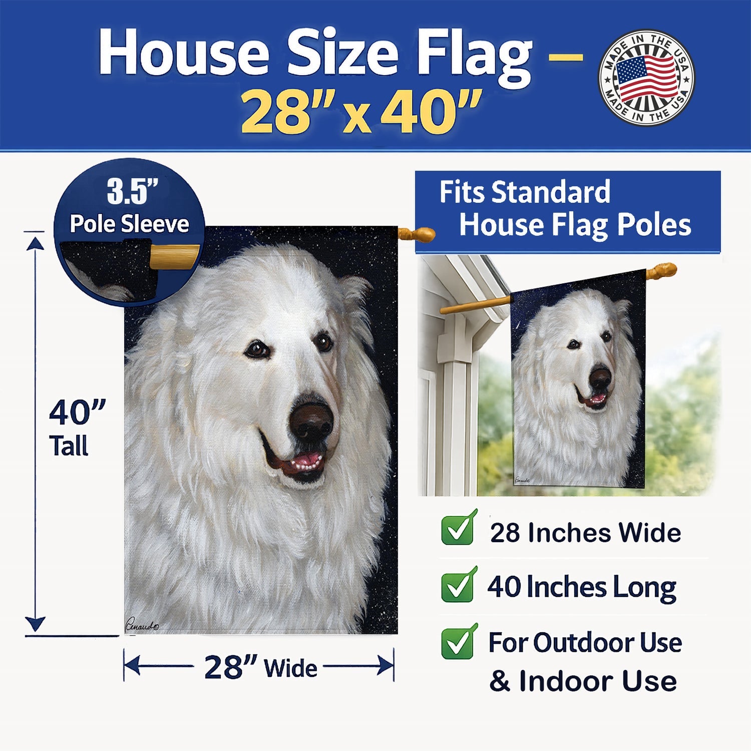 Great Pyrenees Meisha House Flag 28x40 Porch Sleeve Pole Decorative Outside Yard Banner Artwork Wall Hanging, Polyester