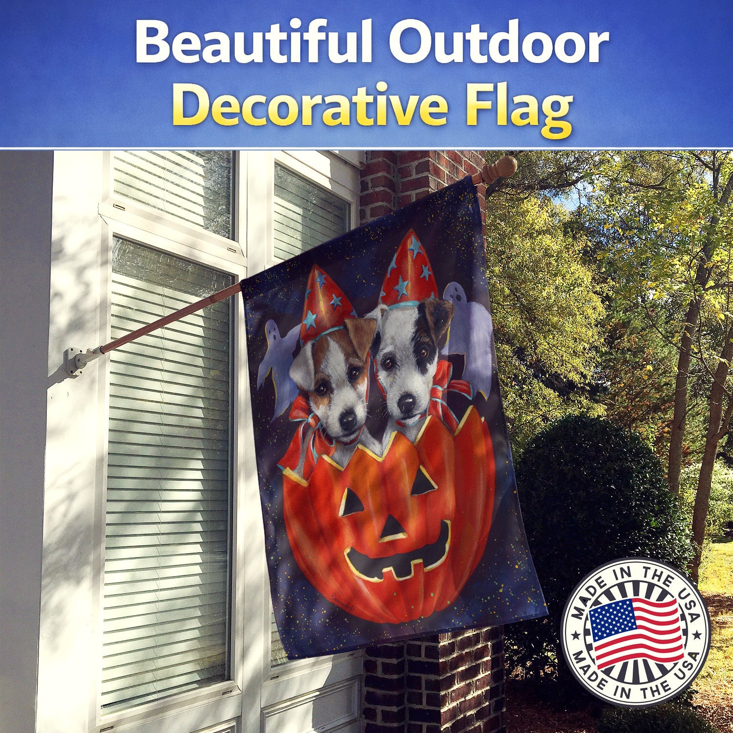 Jack Russell Terrier Halloween House Flag 28x40 Porch Sleeve Pole Decorative Outside Yard Banner Artwork Wall Hanging, Polyester