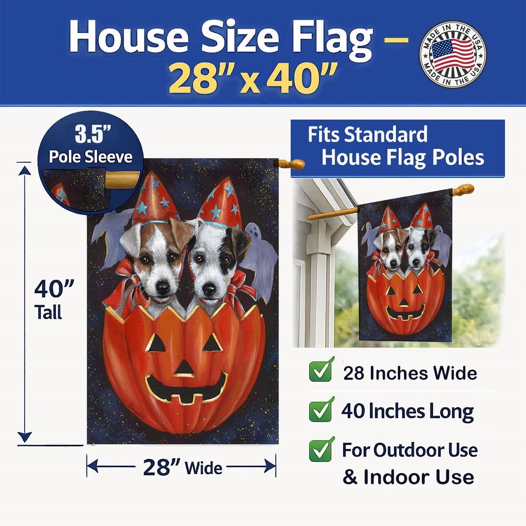 Jack Russell Terrier Halloween House Flag 28x40 Porch Sleeve Pole Decorative Outside Yard Banner Artwork Wall Hanging, Polyester