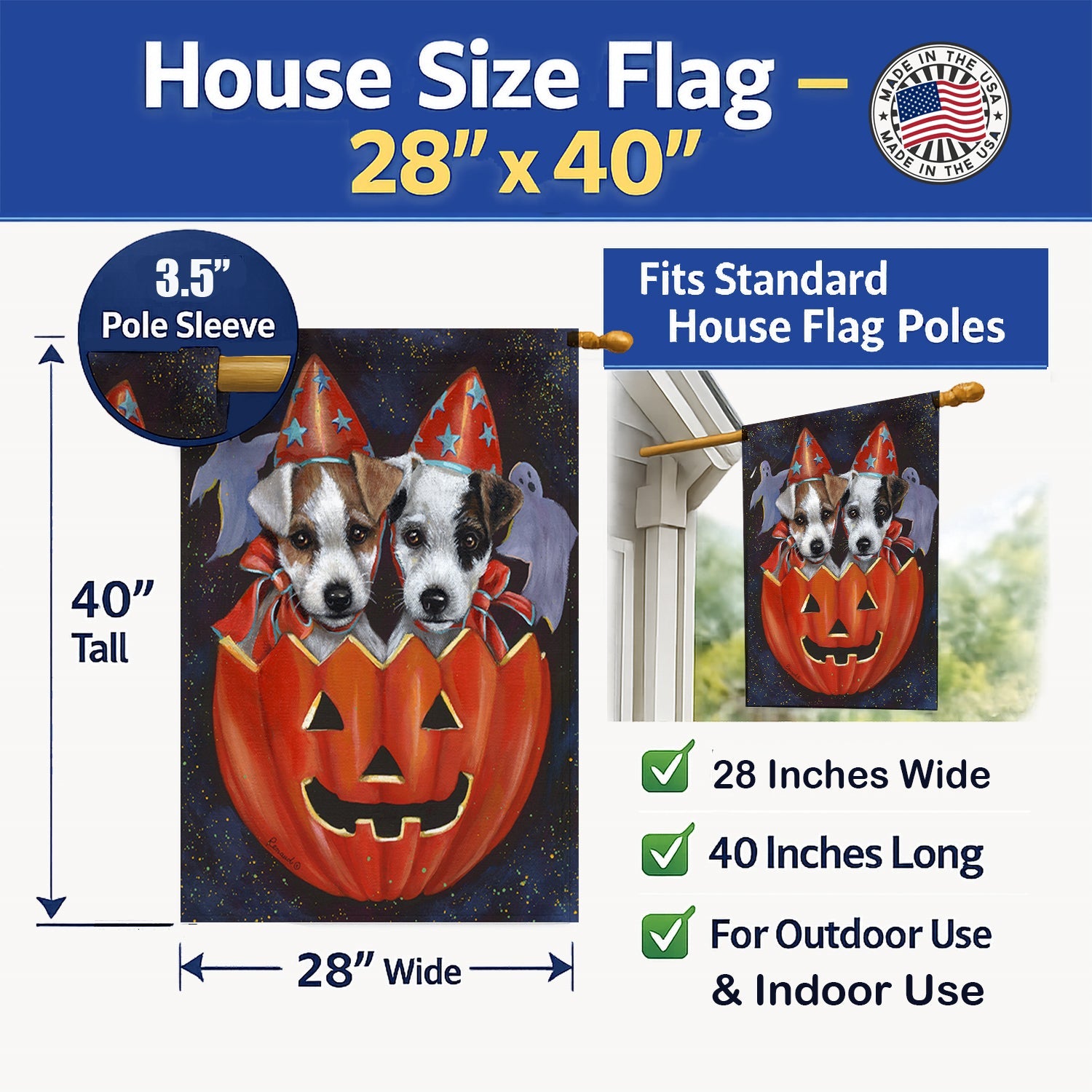 Jack Russell Terrier Halloween House Flag 28x40 Porch Sleeve Pole Decorative Outside Yard Banner Artwork Wall Hanging, Polyester