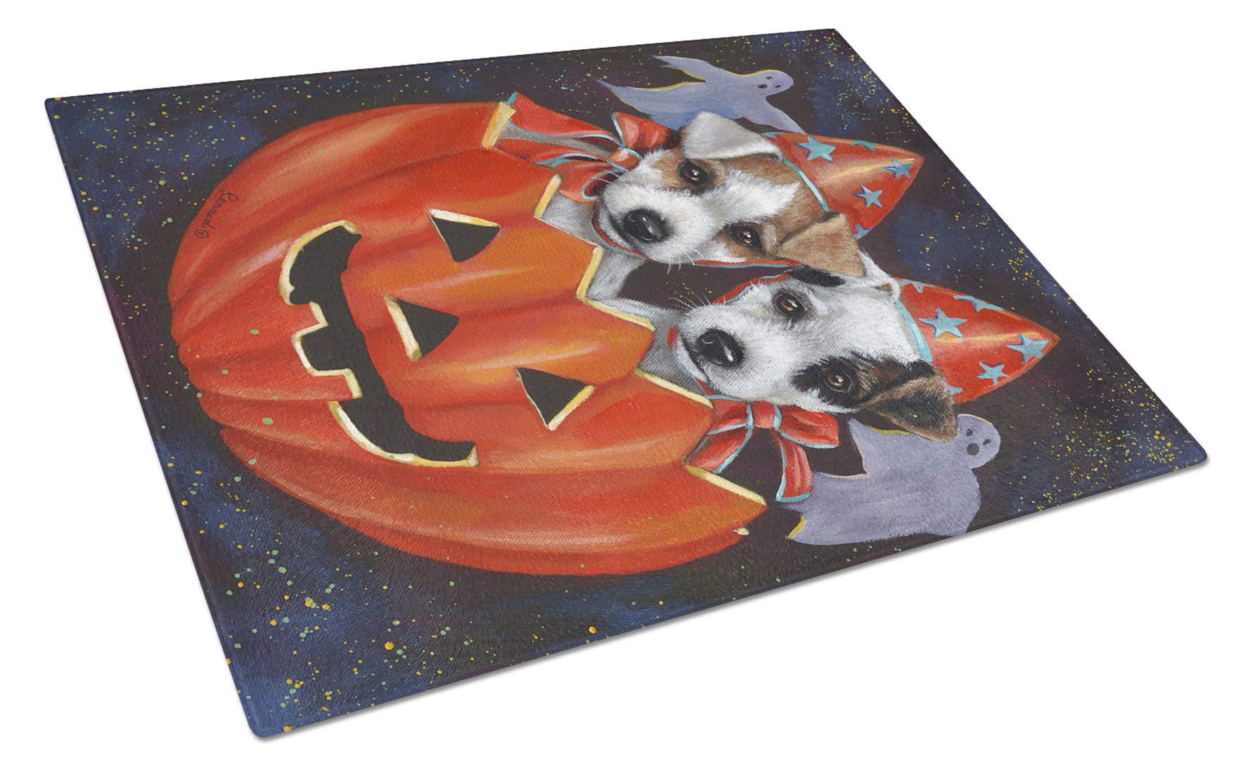 Jack Russell Terrier Halloween Cutting Board Tempered Glass Kitchen Cutting Surface, Heat Resistant Chopping, Non-Slip Feet, Food Prep & Serving