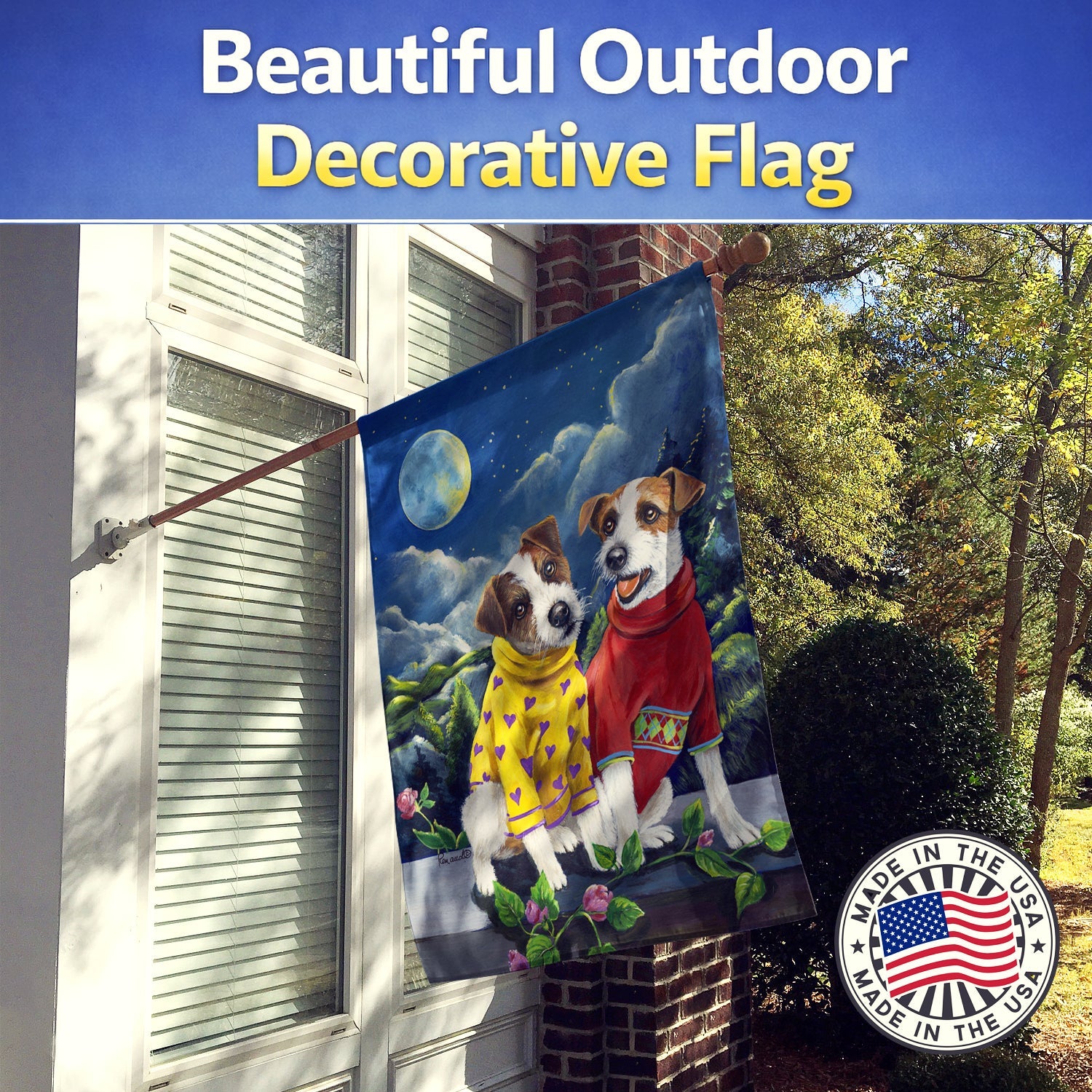 Jack Russell Terrier Moon Phase House Flag 28x40 Porch Sleeve Pole Decorative Outside Yard Banner Artwork Wall Hanging, Polyester