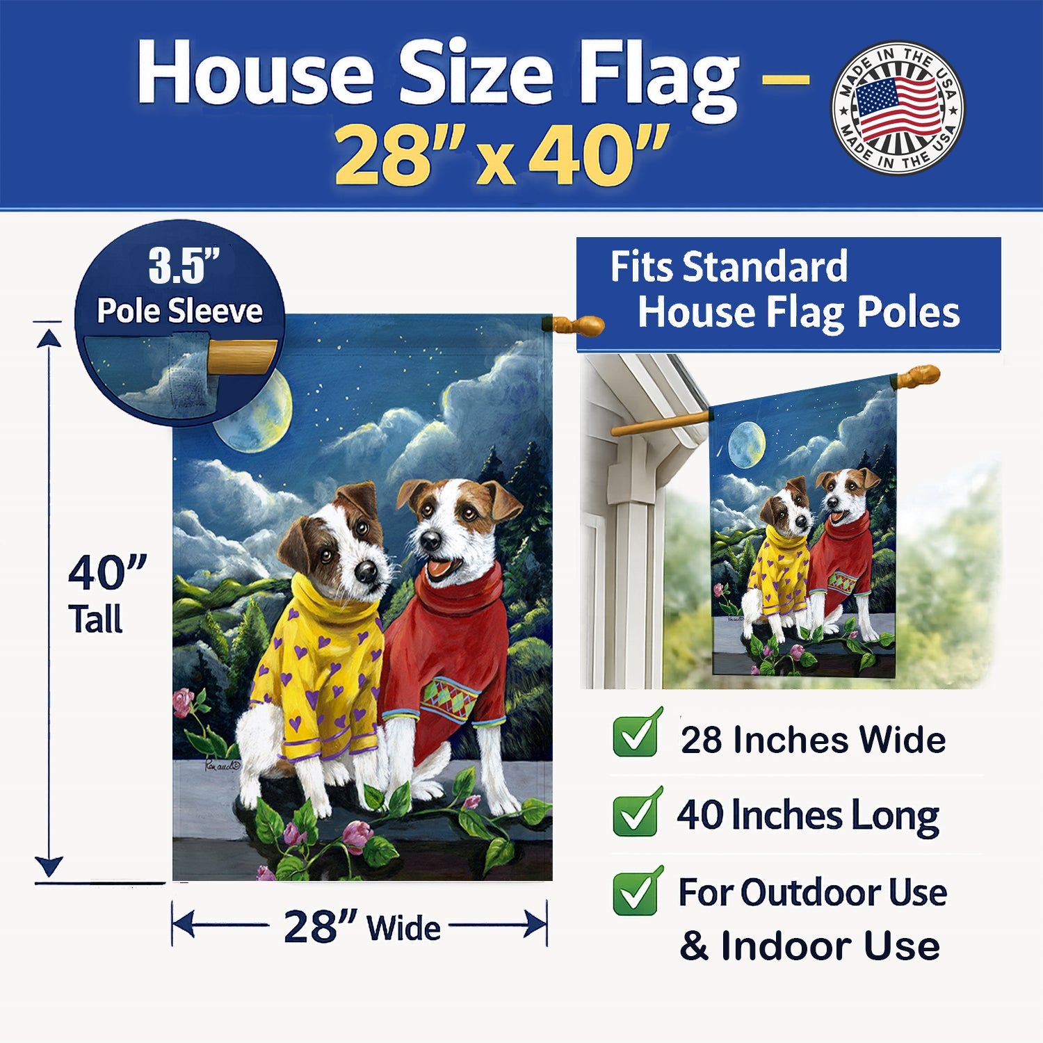 Jack Russell Terrier Moon Phase House Flag 28x40 Porch Sleeve Pole Decorative Outside Yard Banner Artwork Wall Hanging, Polyester