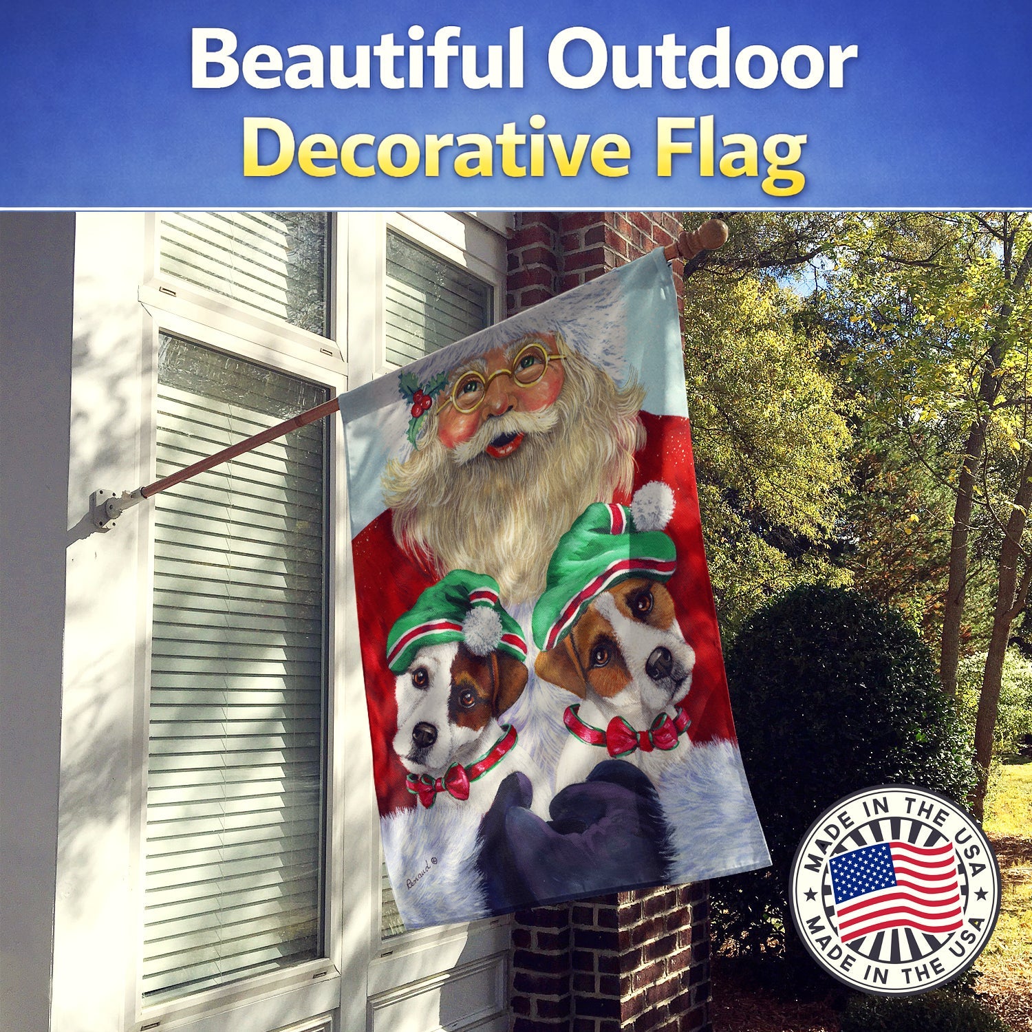 Jack Russell Christmas Santa House Flag 28x40 Porch Sleeve Pole Decorative Outside Yard Banner Artwork Wall Hanging, Polyester