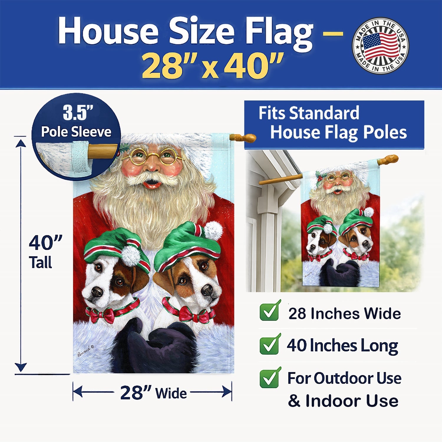 Jack Russell Christmas Santa House Flag 28x40 Porch Sleeve Pole Decorative Outside Yard Banner Artwork Wall Hanging, Polyester