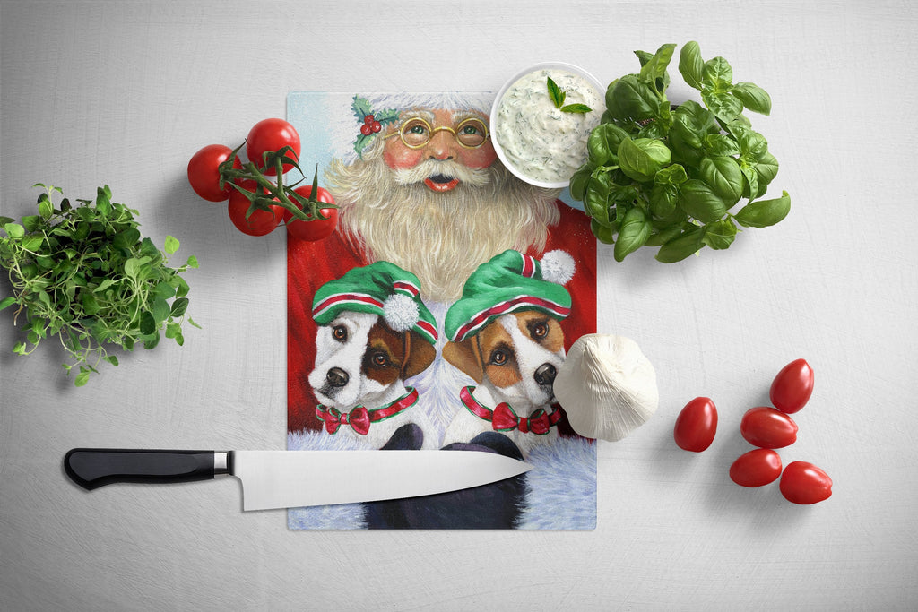 Jack Russell Christmas Santa Cutting Board Tempered Glass Kitchen Cutting Surface, Heat Resistant Chopping, Non-Slip Feet, Food Prep & Serving