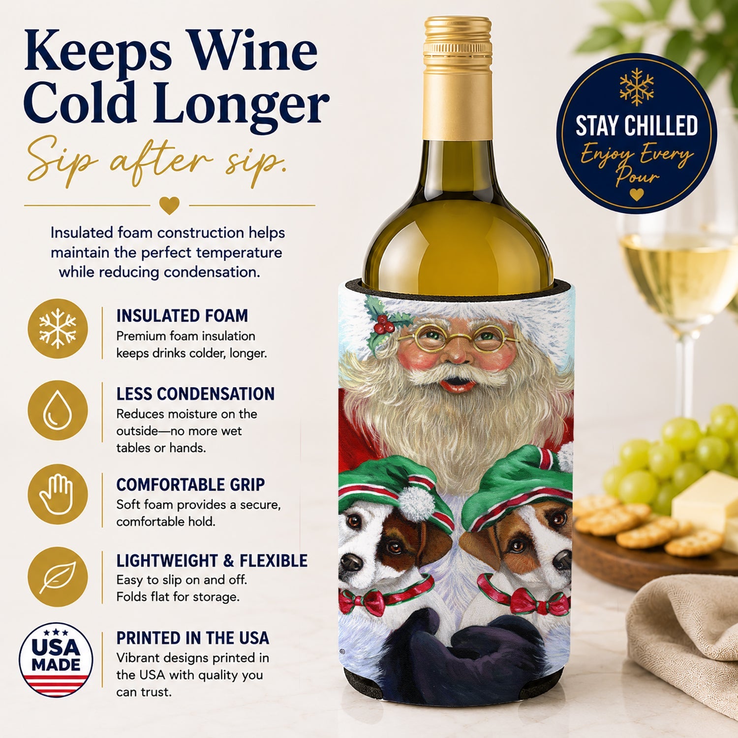 Jack Russell Christmas Santa Wine Bottle Hugger Gift Sleeve for Standard 750 ml Bottles, Insulated Reusable Also Fits Mini Shot & Pint Bottles