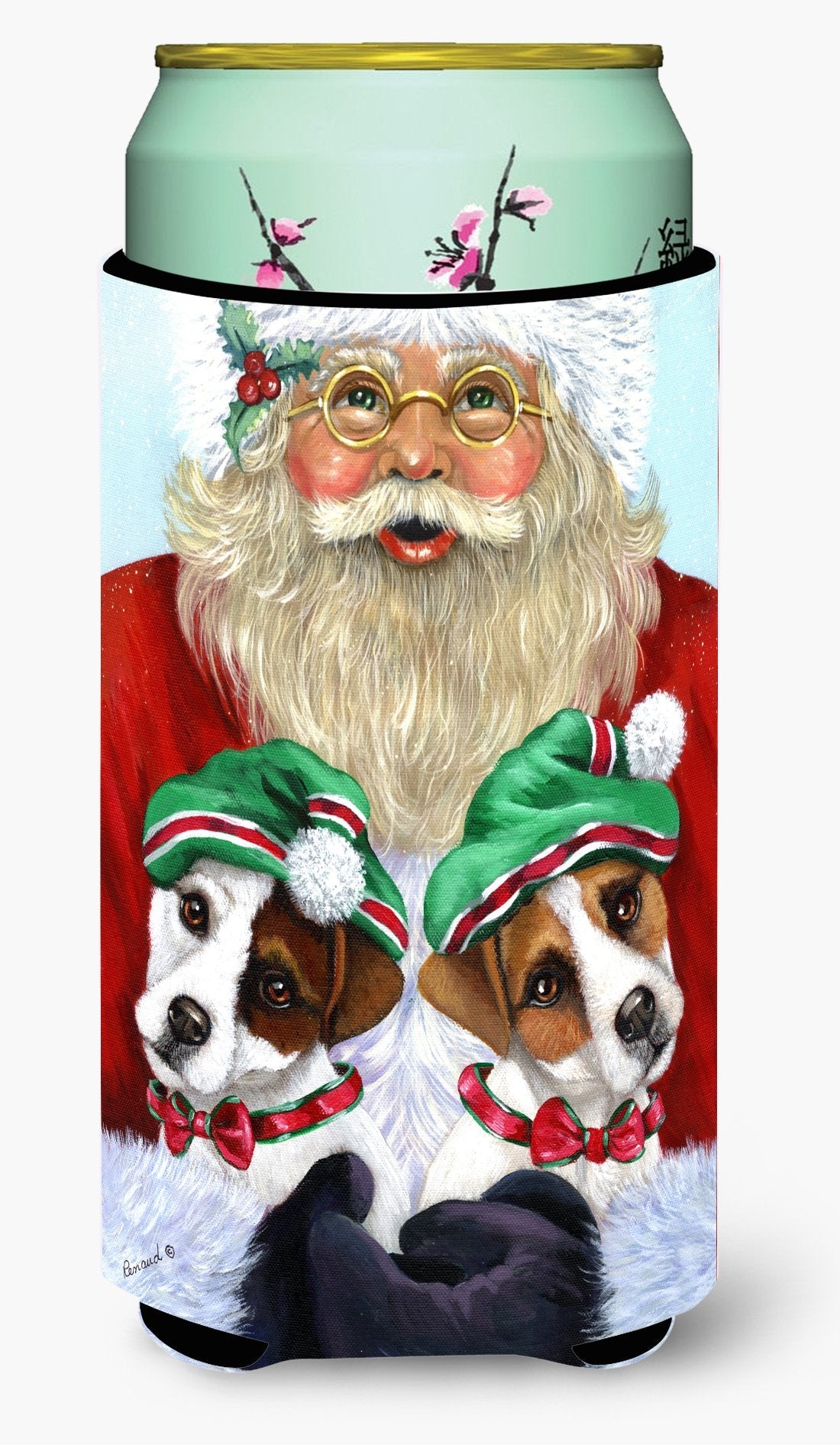 Jack Russell Christmas Santa Tall Boy Hugger Can Cooler Sleeve Machine Washable Drink Collapsible Insulator Beverage Insulated Holder