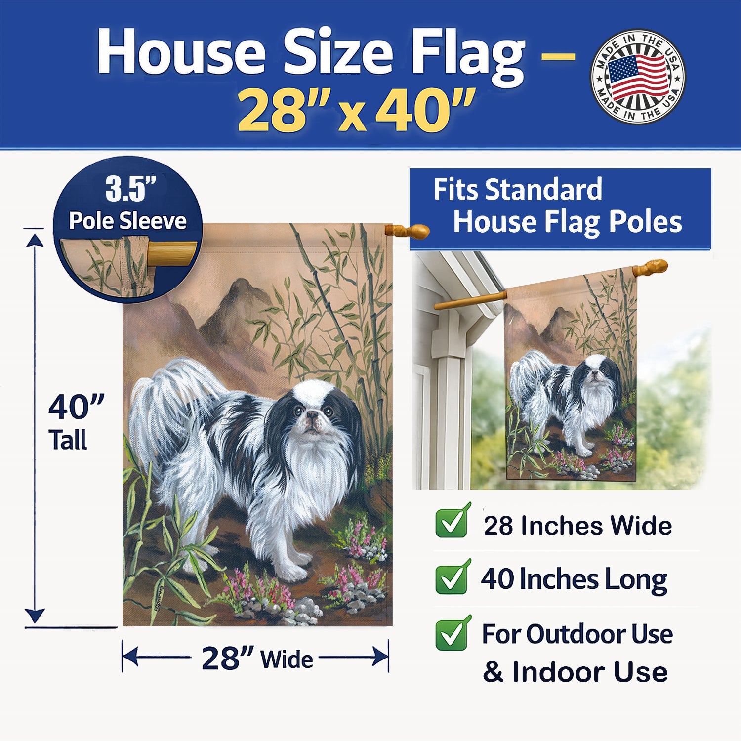 Japanese Chin House Flag 28x40 Porch Sleeve Pole Decorative Outside Yard Banner Artwork Wall Hanging, Polyester