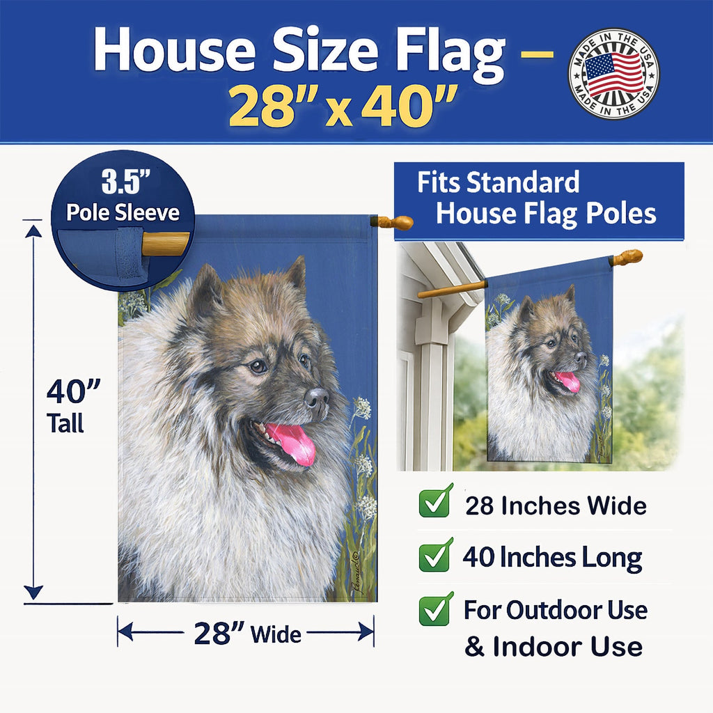 Keeshond House Flag 28x40 Porch Sleeve Pole Decorative Outside Yard Banner Artwork Wall Hanging, Polyester