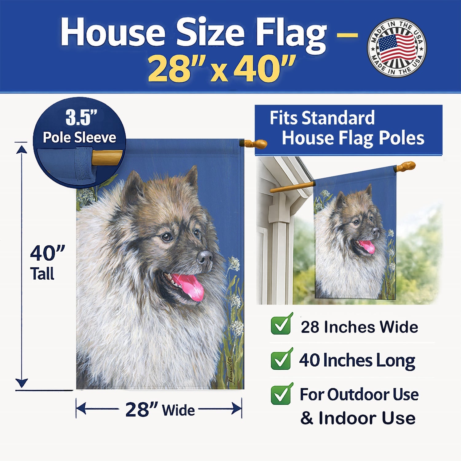 Keeshond House Flag 28x40 Porch Sleeve Pole Decorative Outside Yard Banner Artwork Wall Hanging, Polyester