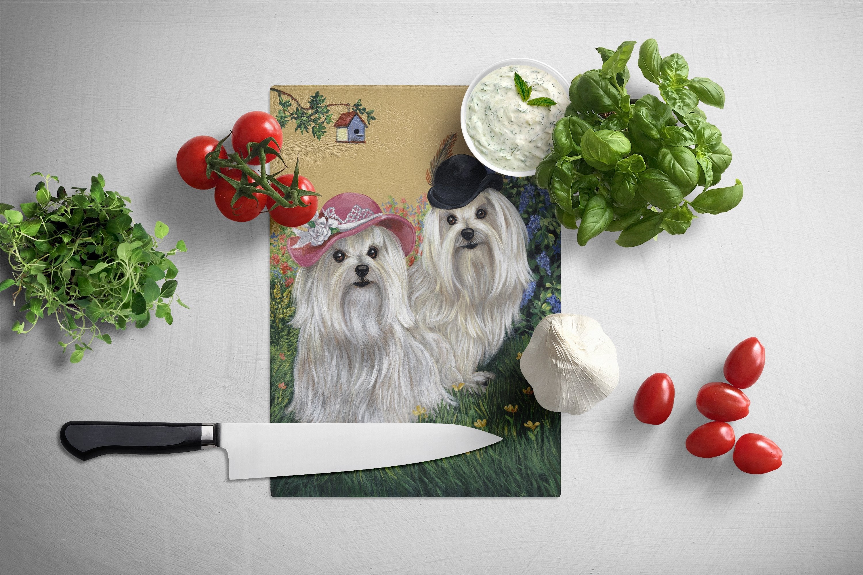 Maltese Mr & Mrs Cutting Board Tempered Glass Kitchen Cutting Surface, Heat Resistant Chopping, Non-Slip Feet, Food Prep & Serving