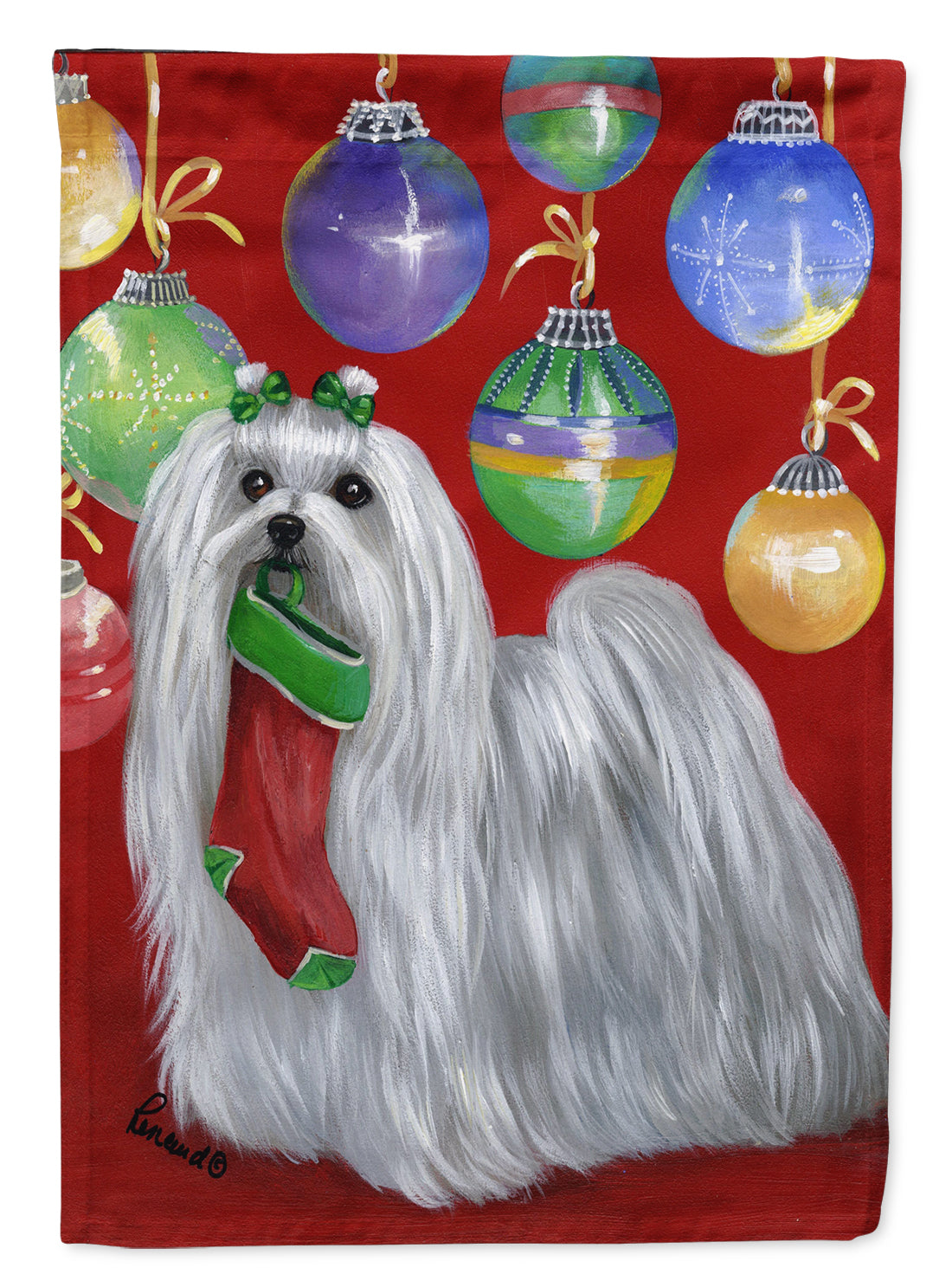 Maltese Christmas Stocking Stuffer House Flag 28x40 Porch Sleeve Pole Decorative Outside Yard Banner Artwork Wall Hanging, Polyester