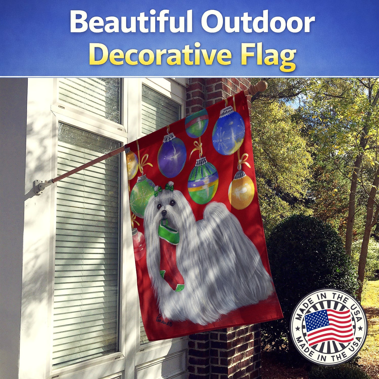 Maltese Christmas Stocking Stuffer House Flag 28x40 Porch Sleeve Pole Decorative Outside Yard Banner Artwork Wall Hanging, Polyester