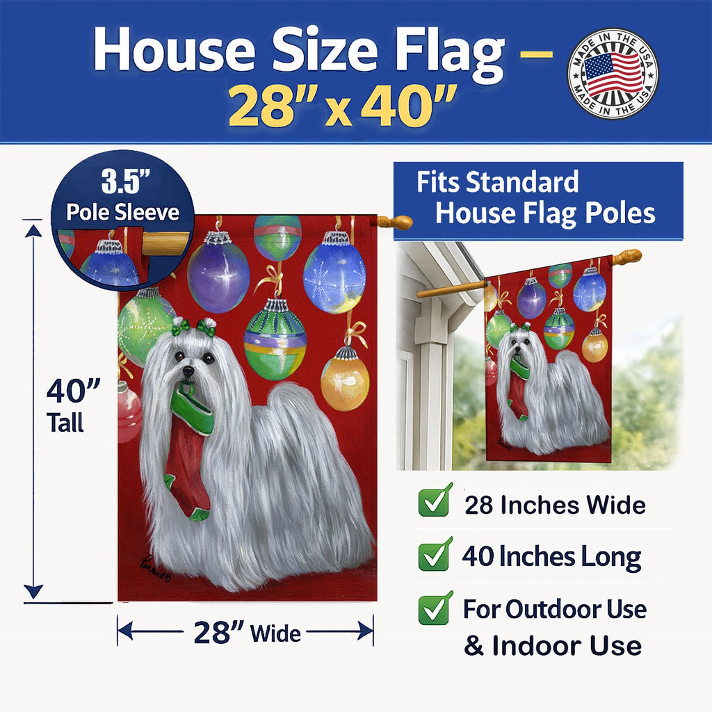 Maltese Christmas Stocking Stuffer House Flag 28x40 Porch Sleeve Pole Decorative Outside Yard Banner Artwork Wall Hanging, Polyester