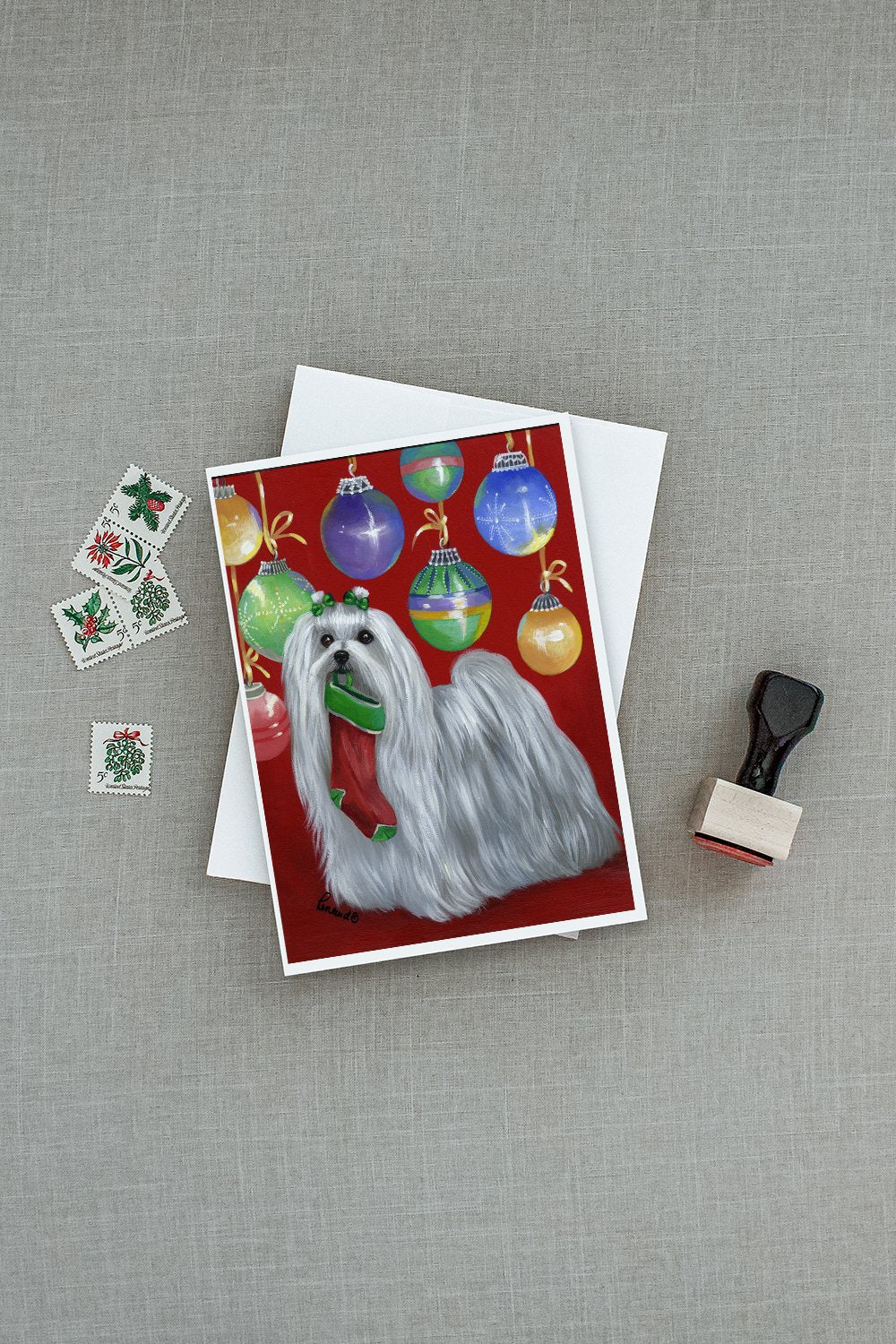 Maltese Christmas Stocking Stuffer Greeting Cards Pack of 8 Blank Cards with Envelopes Whimsical A7 Size 5x7