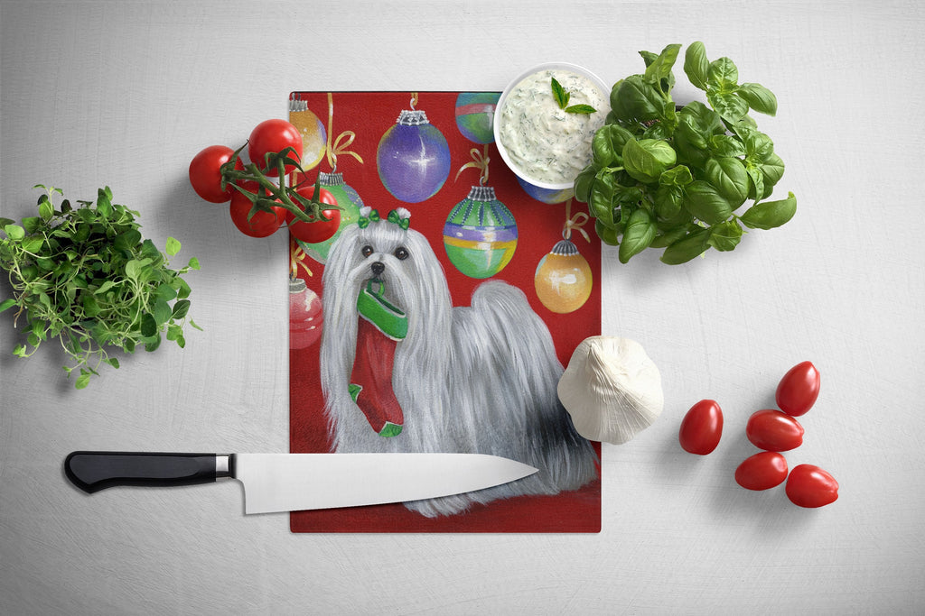 Maltese Christmas Stocking Stuffer Cutting Board Tempered Glass Kitchen Cutting Surface, Heat Resistant Chopping, Non-Slip Feet, Food Prep & Serving